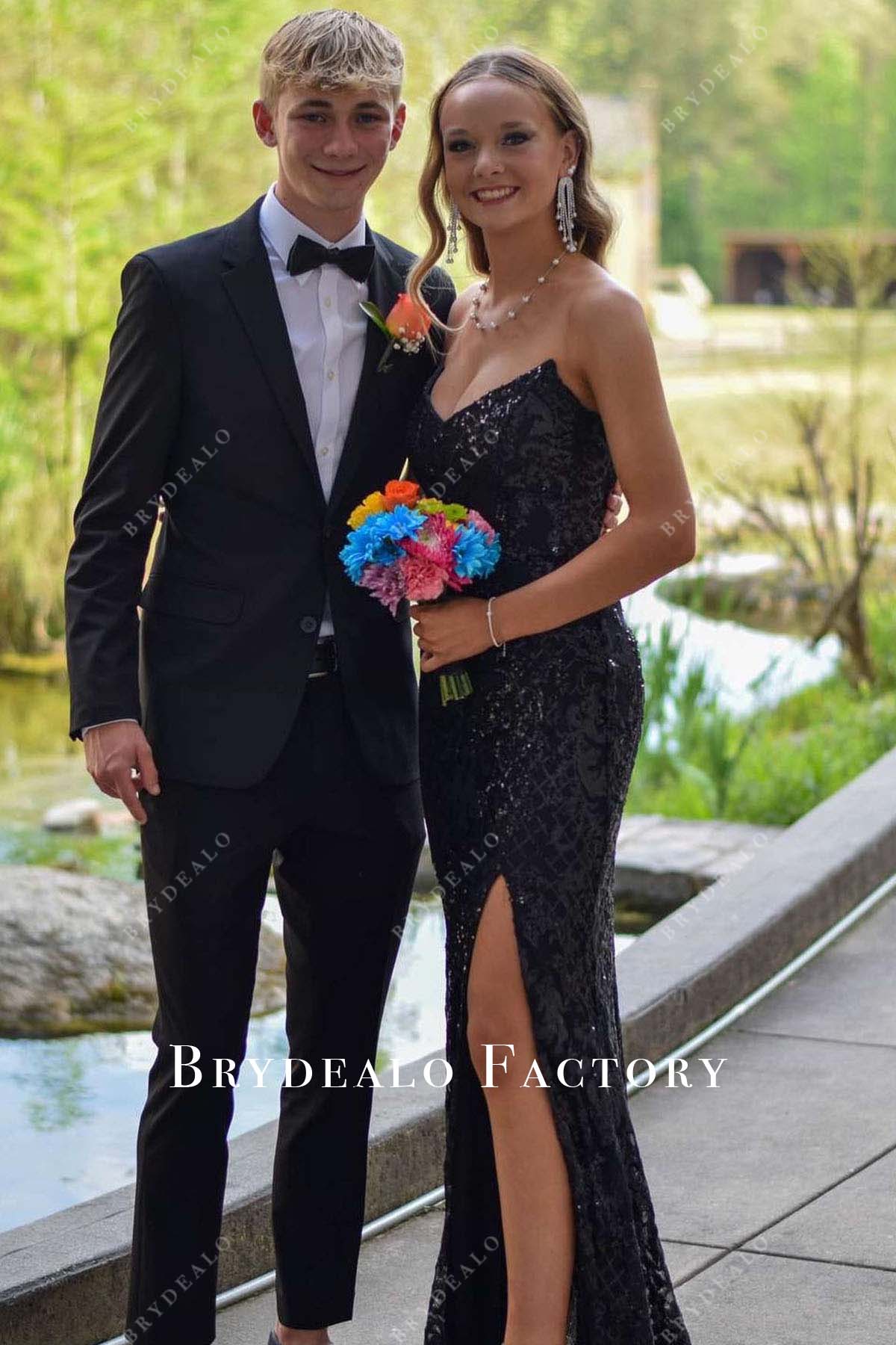 black sequined strapless homecoming dress