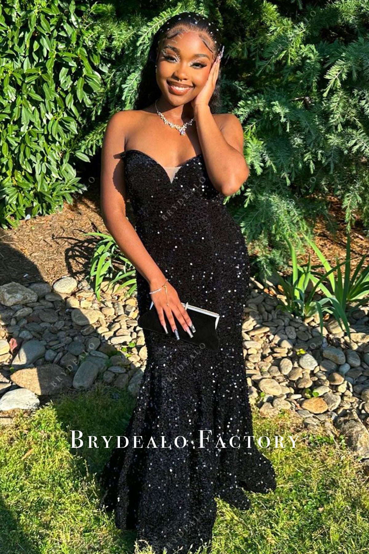 black sequined strapless mermaid prom dress