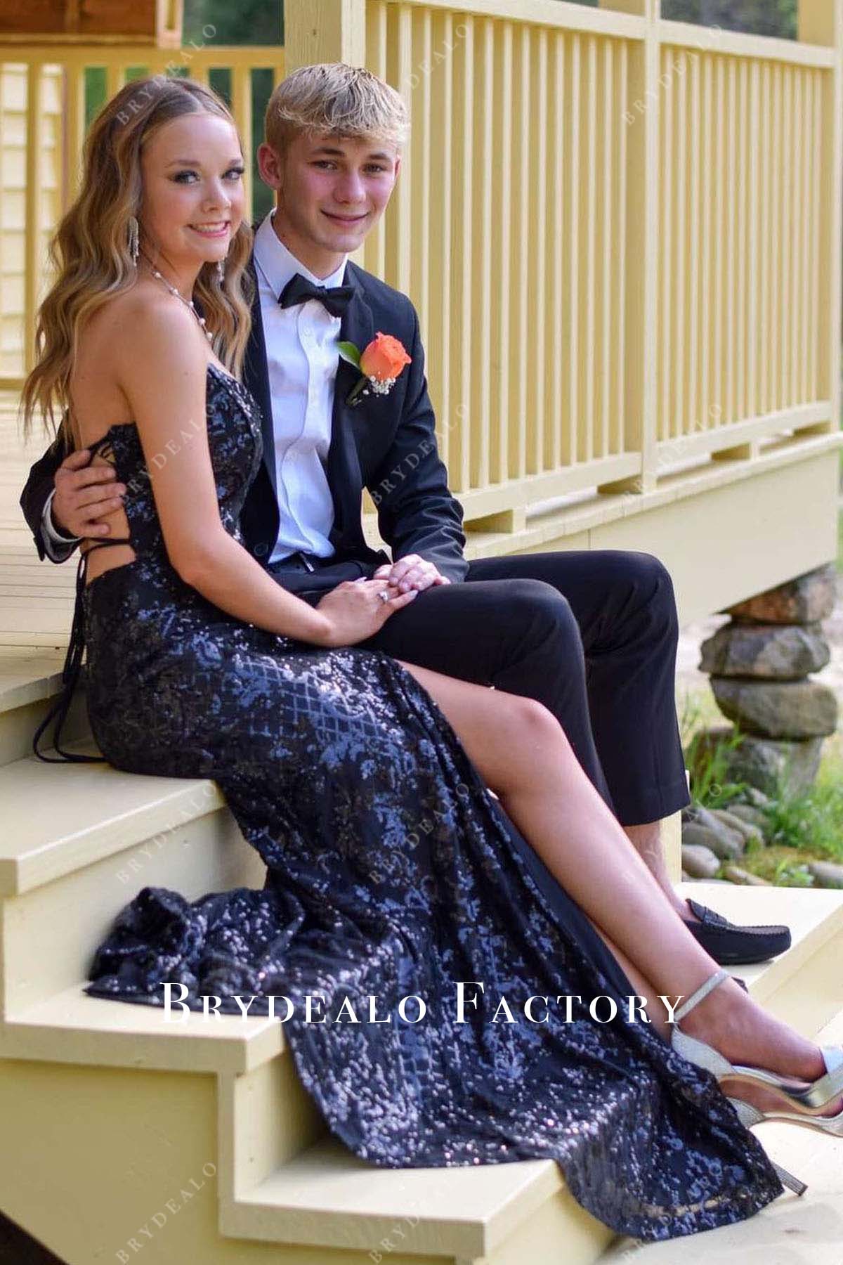 black sequined strapless slit homecoming dress