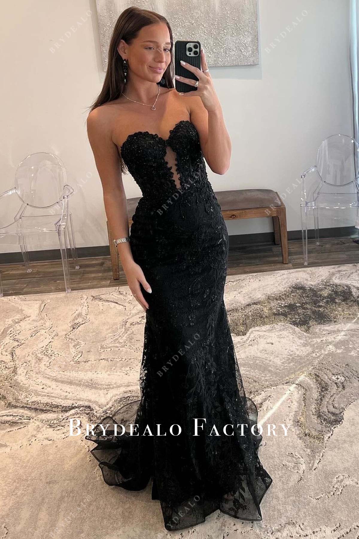 black sequined sweetheart neck prom dress