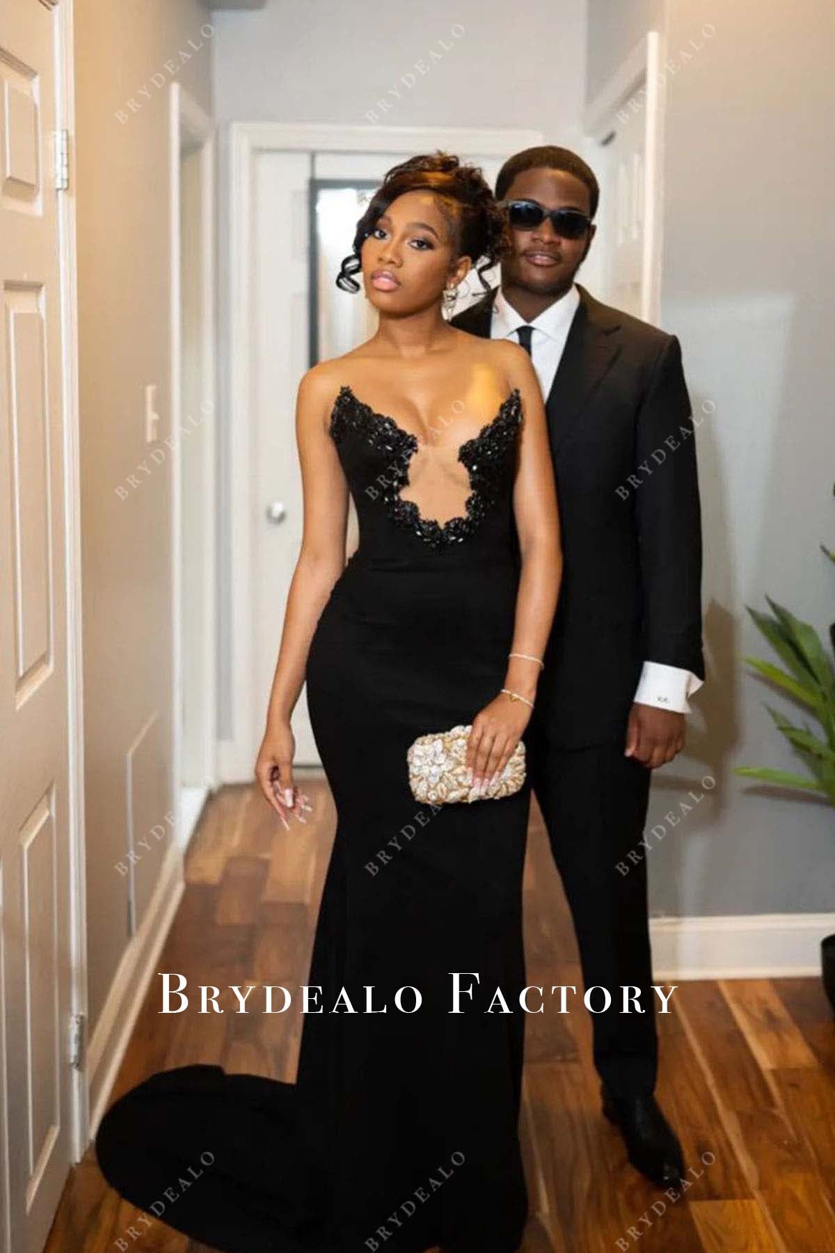 black strapless prom dress