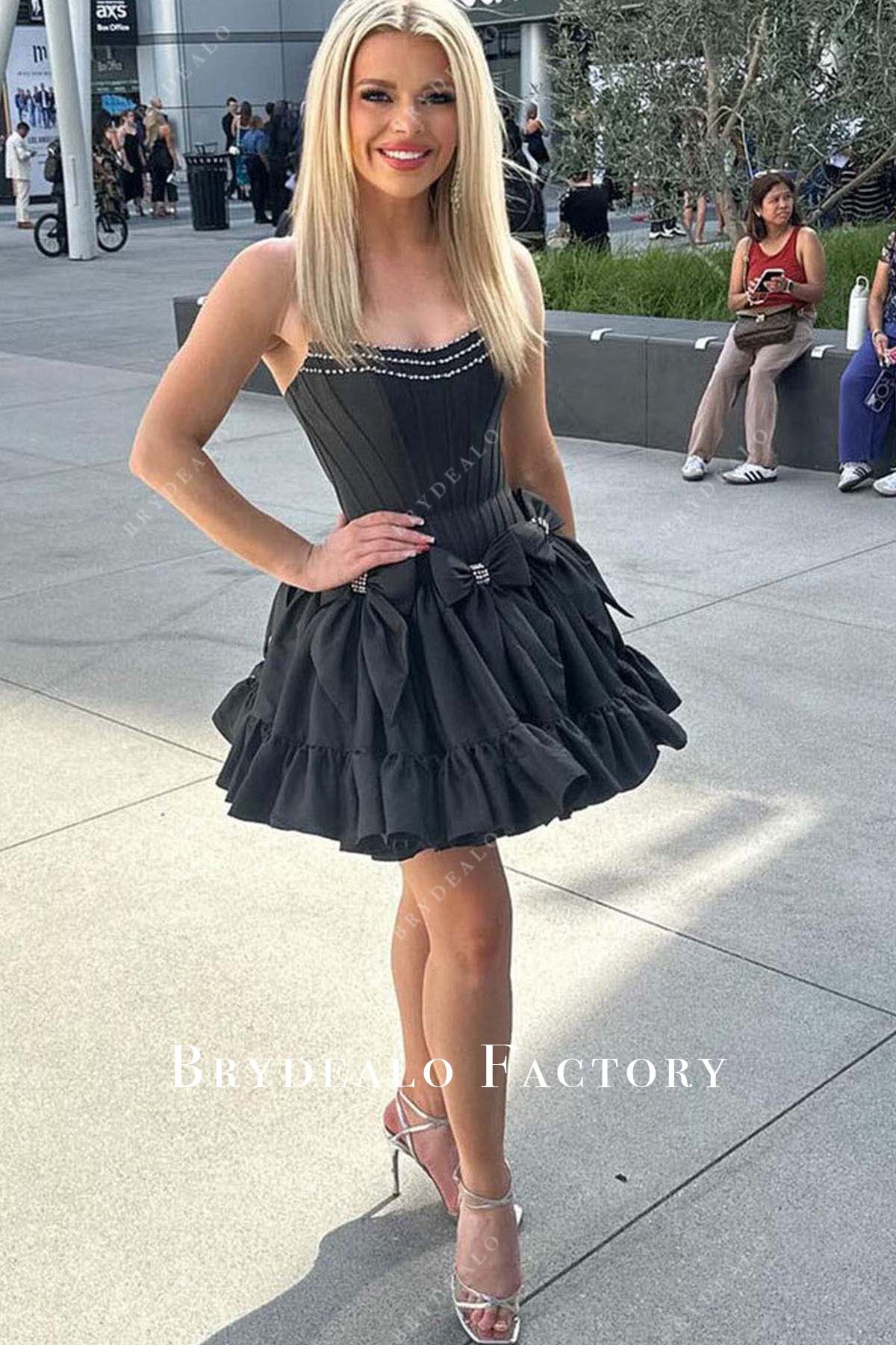 black strapless ruffled short homecoming dress