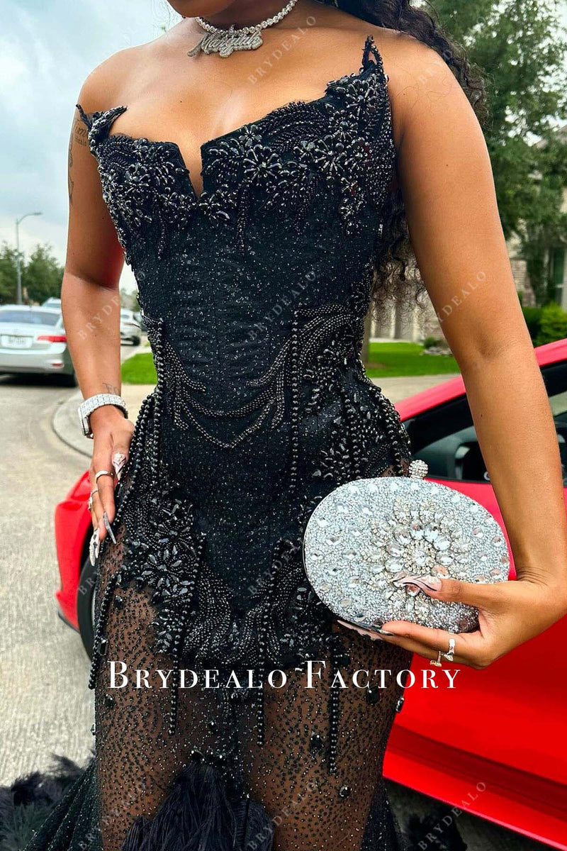 Black Rhinestones Strapless Trumpet Feathered Prom Dress