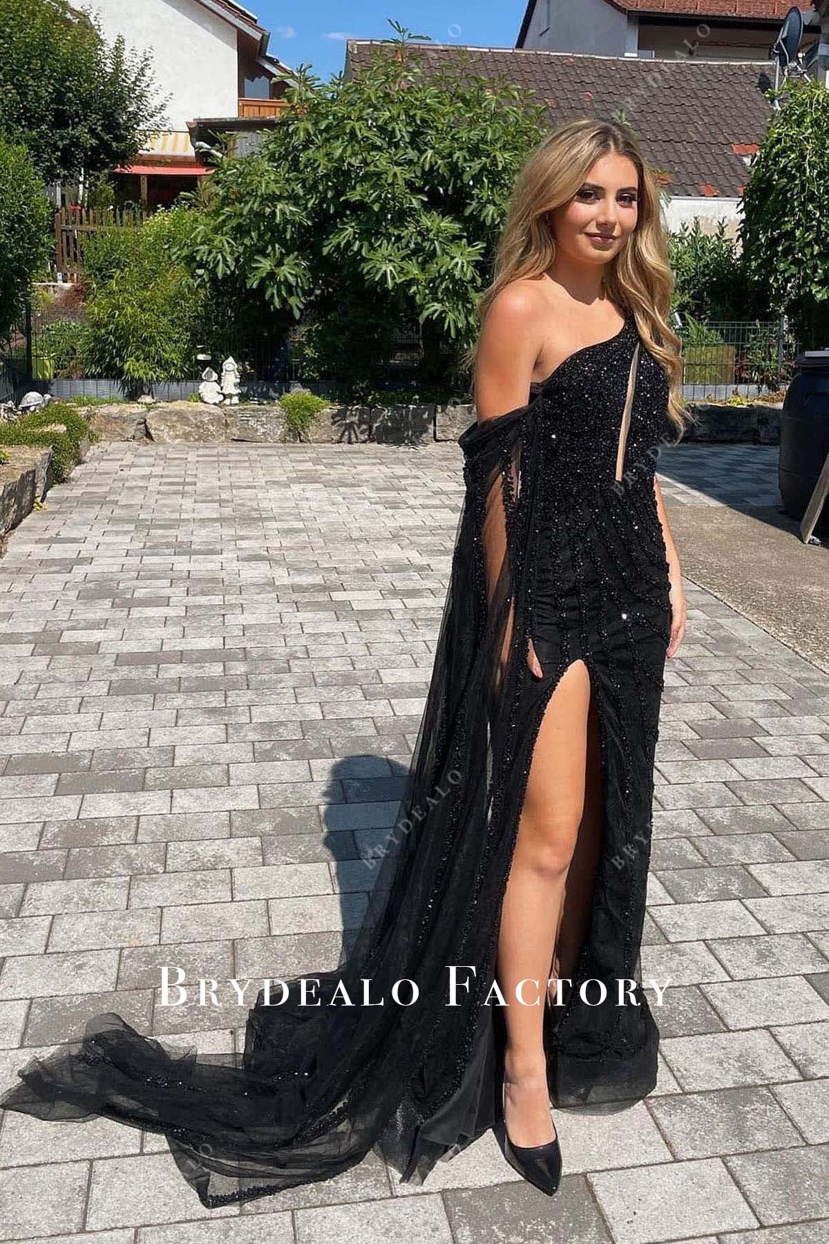 black thigh slit asymmetrical prom dress