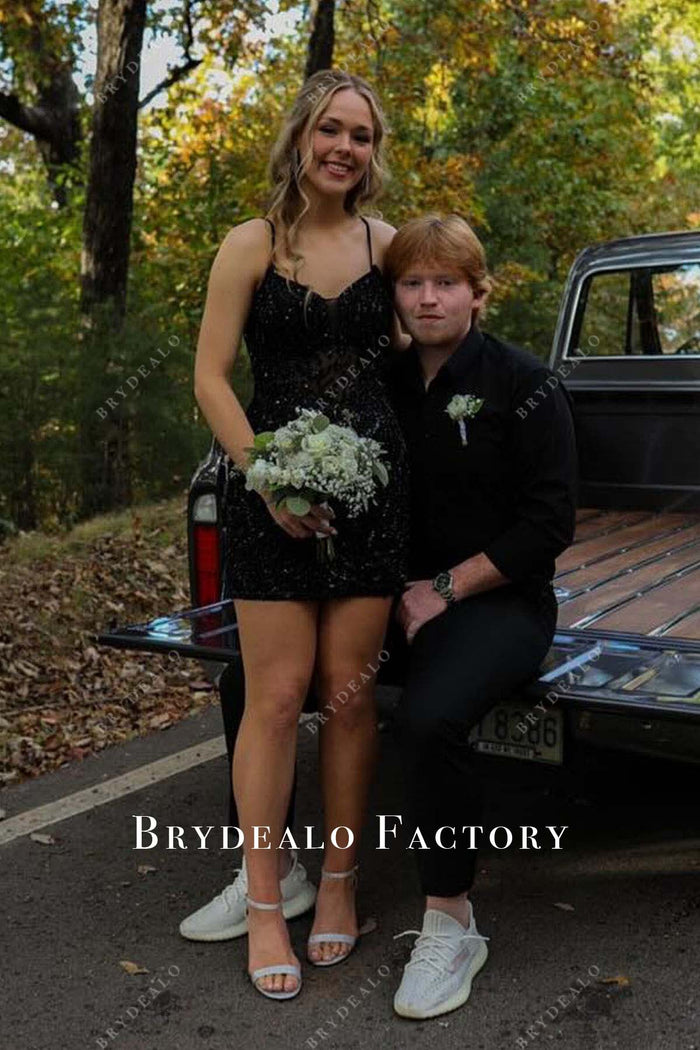 Black Rhinestones Thin Straps Mini Homecoming Prom Dress