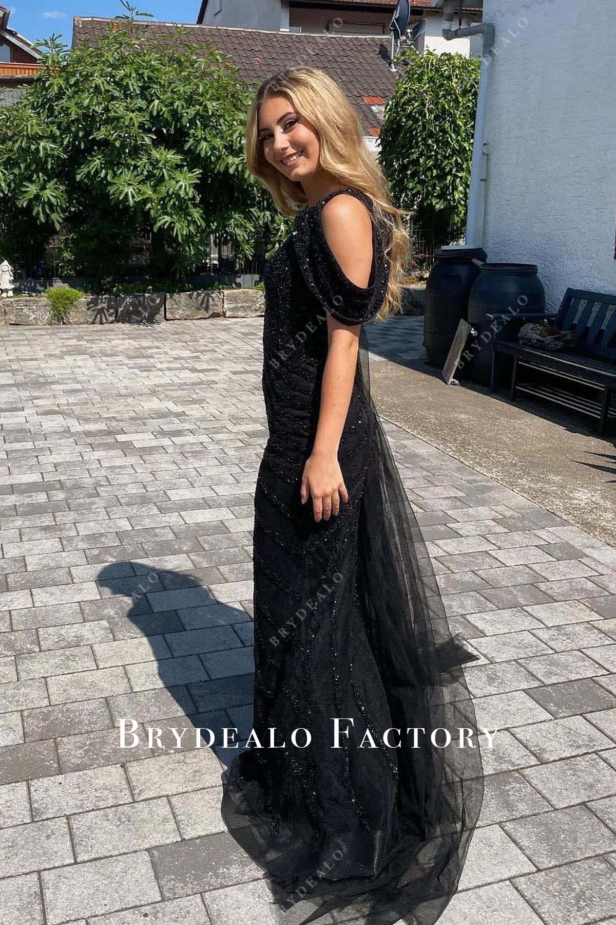 black tulle asymmetrical prom dress