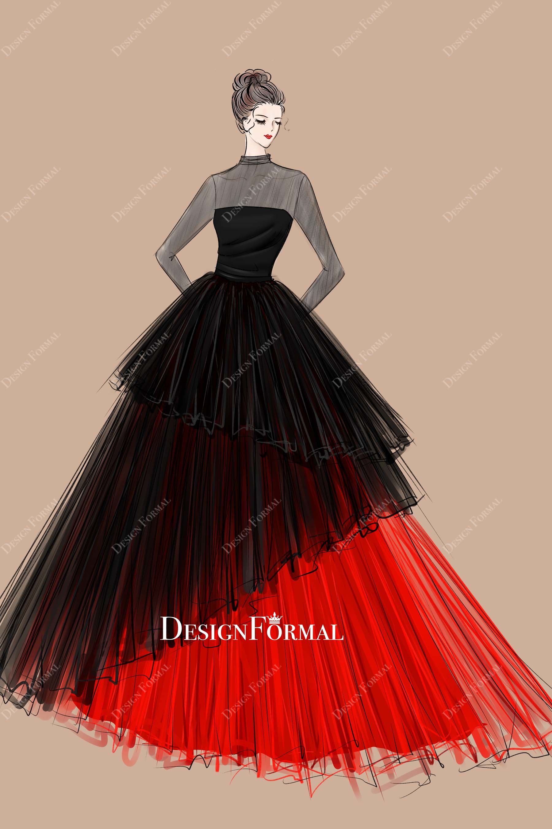black tulle red ball gown formal dress sketch