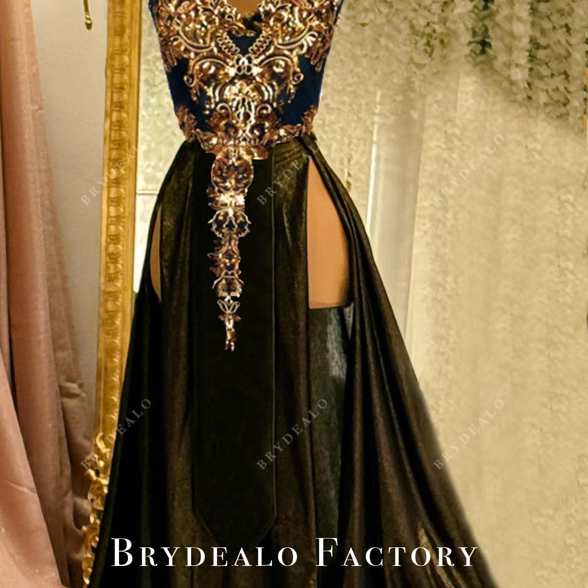 Gold Sequin Choker Neck Black Glitter Slit A-Line Prom Formal Dress Gold Sequin Choker Neck Black Glitter Slit A-Line Prom Formal Dress