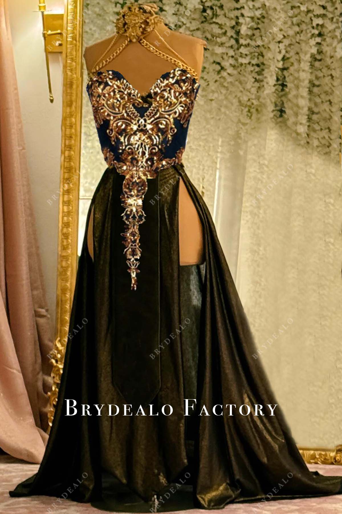 gold sequin black velvet slits A-line prom dress