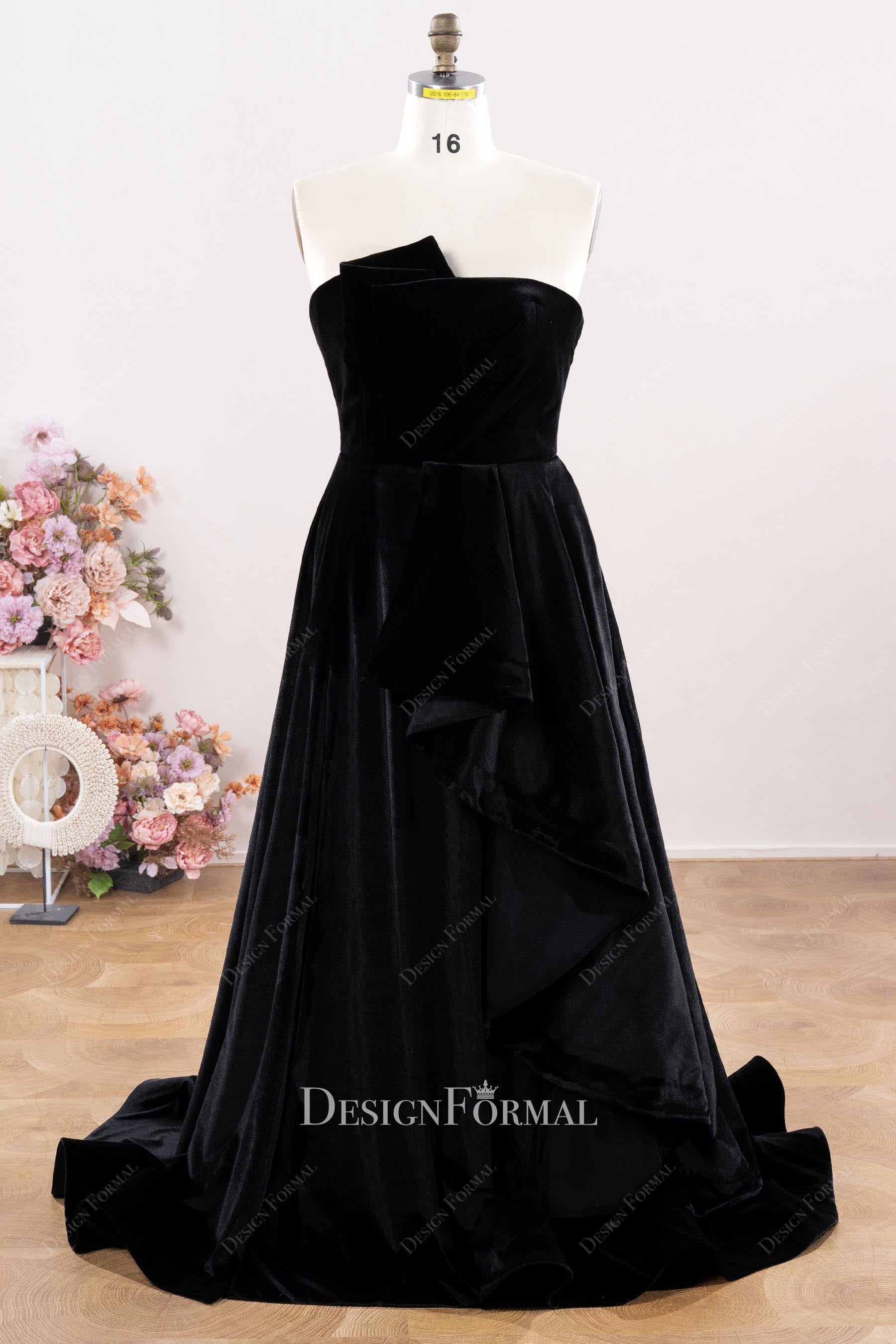 black velvet strapless ruffles prom dress