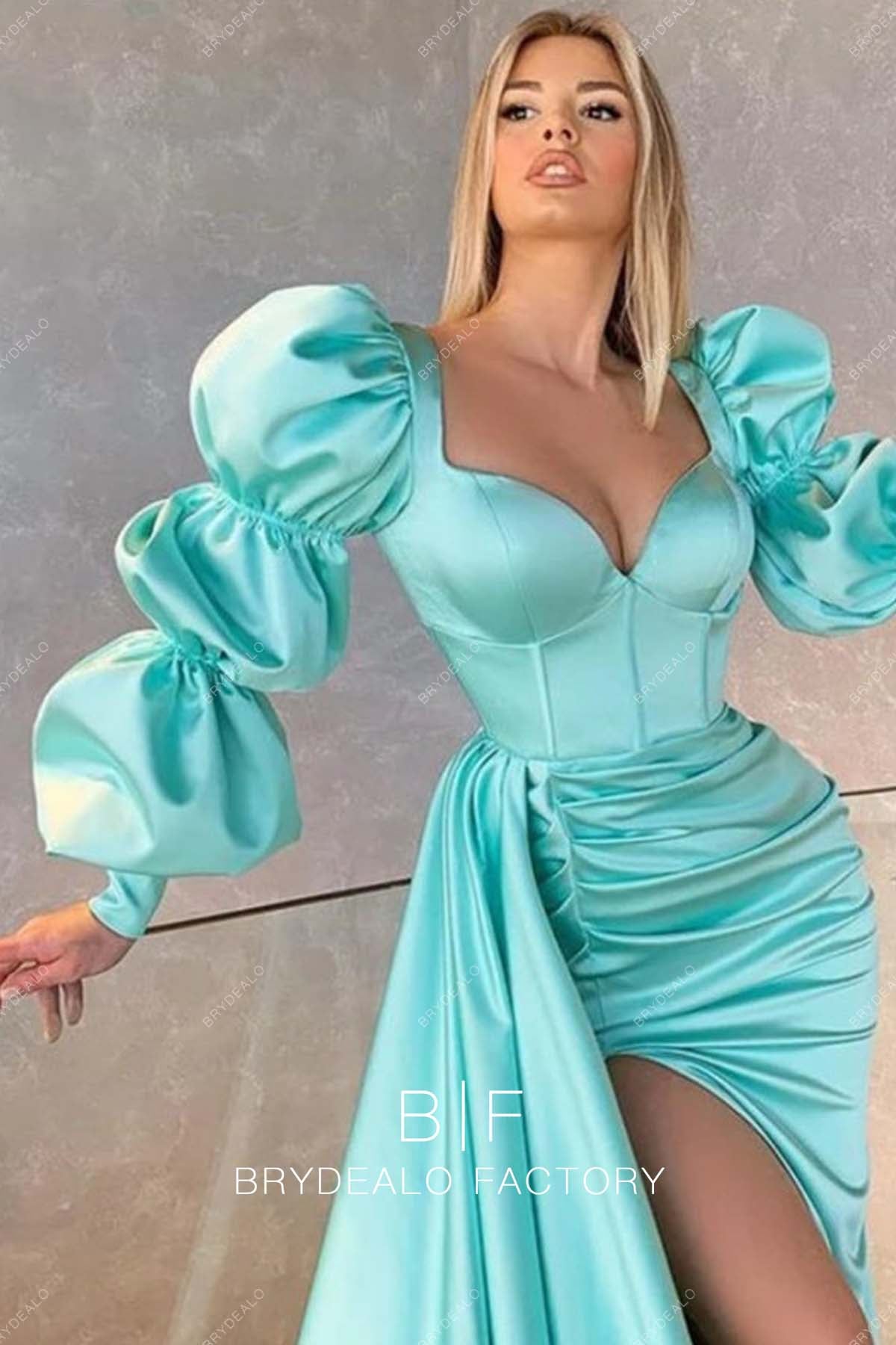 Spa Blue Satin Marie Sleeves Sweetheart Neck Prom Dress