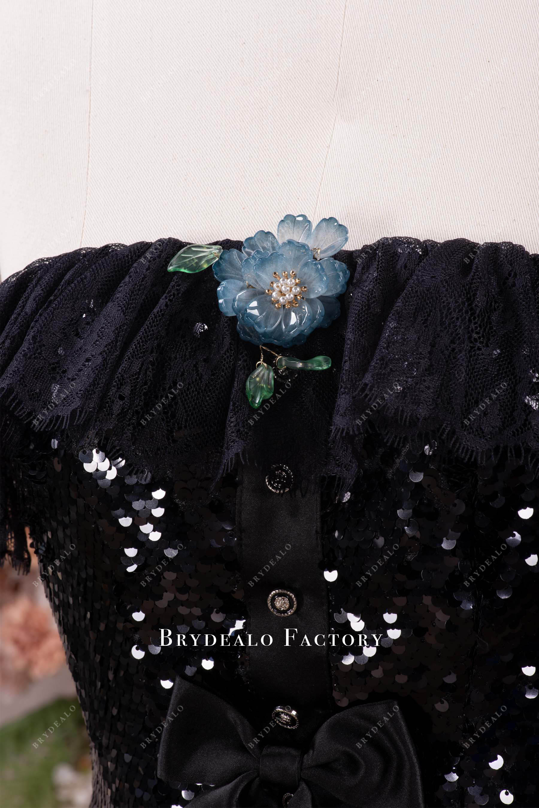 blue brooch evening dress