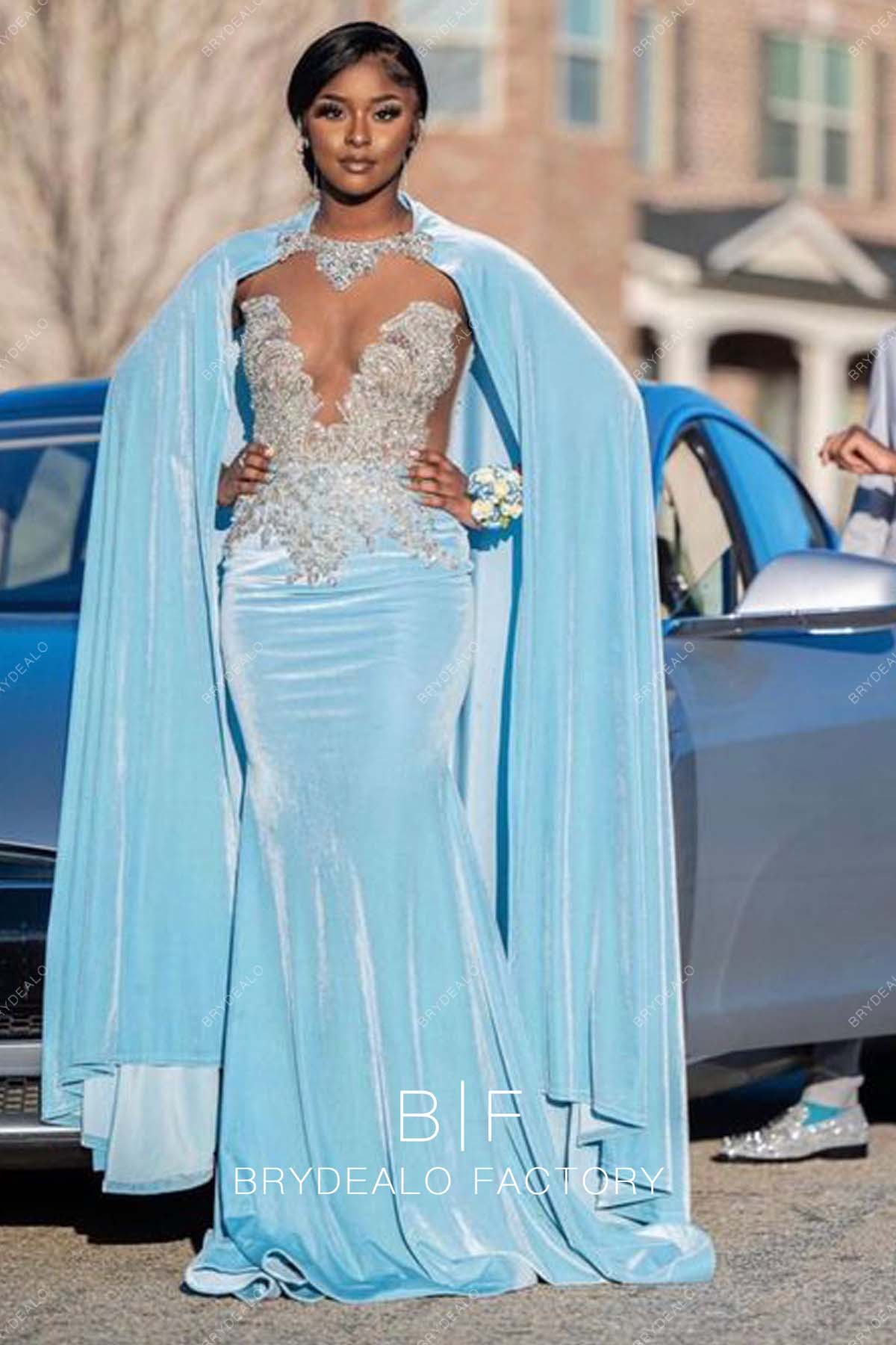 Sky Blue Velvet Mermaid Rhinestones Long Prom Dress with Cape