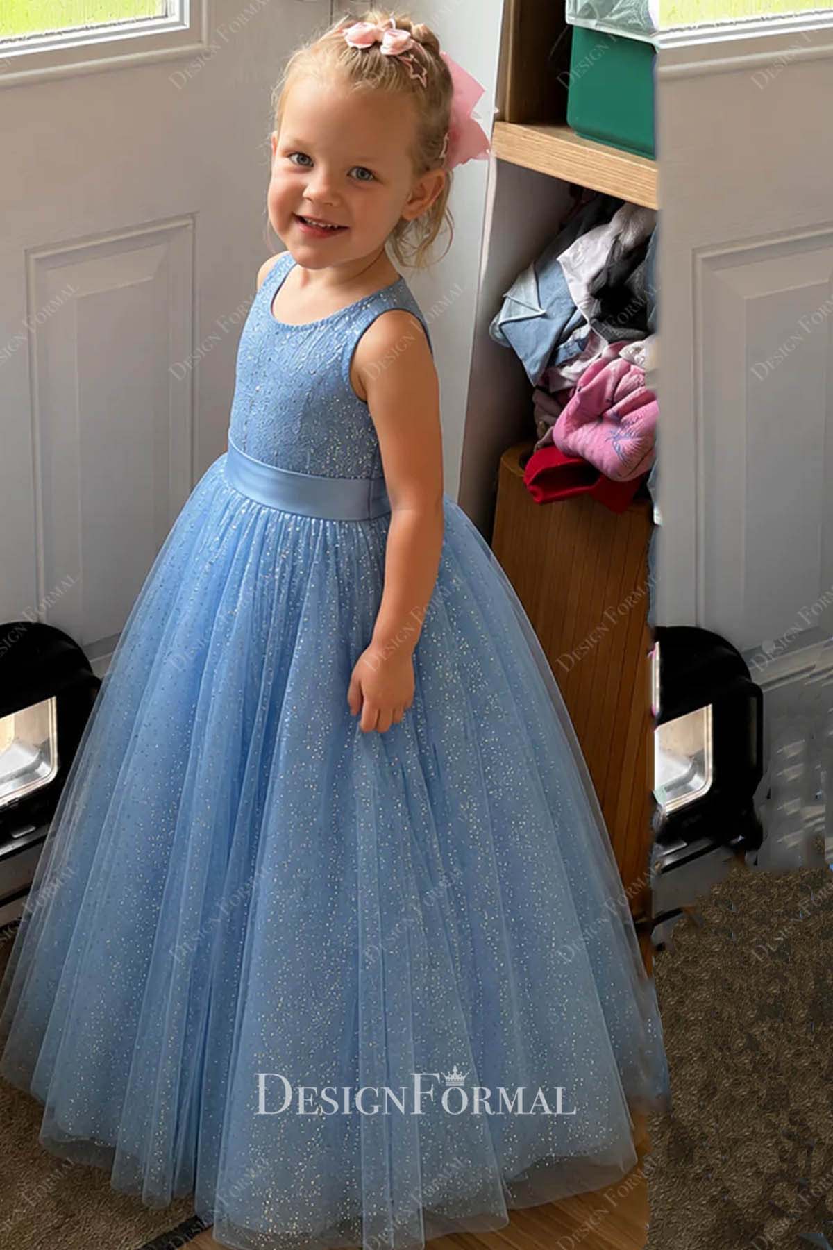 blue glitter tulle a line flower girl dress