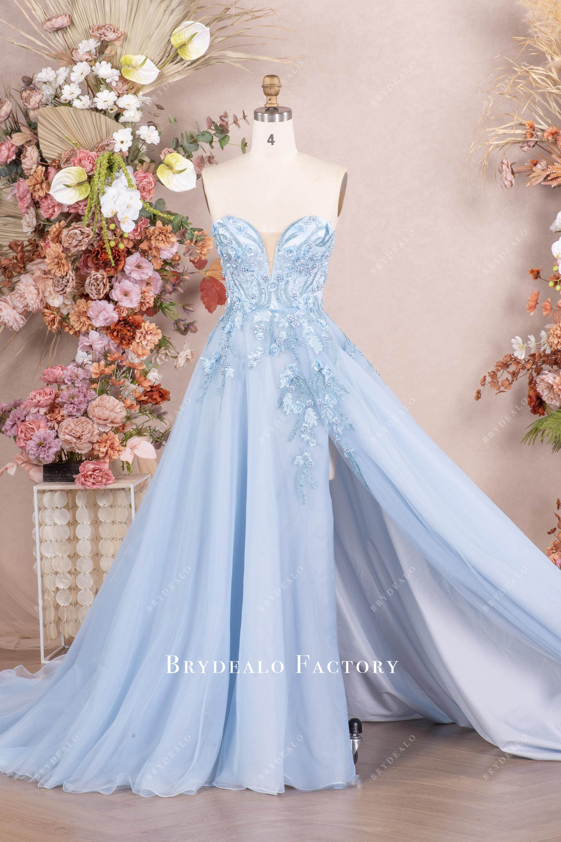 blue high slit prom dress