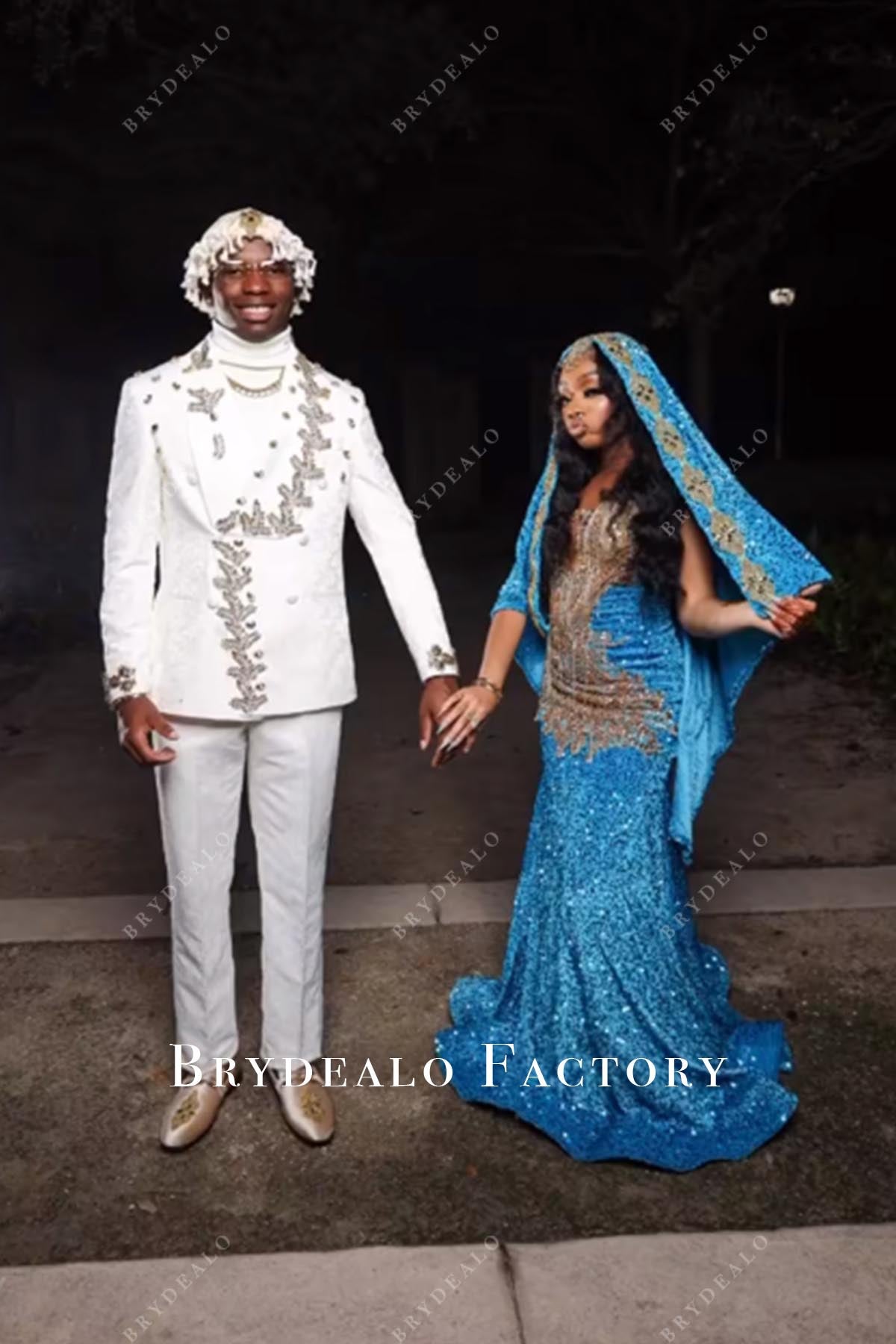 blue jay gold tassel prom dress