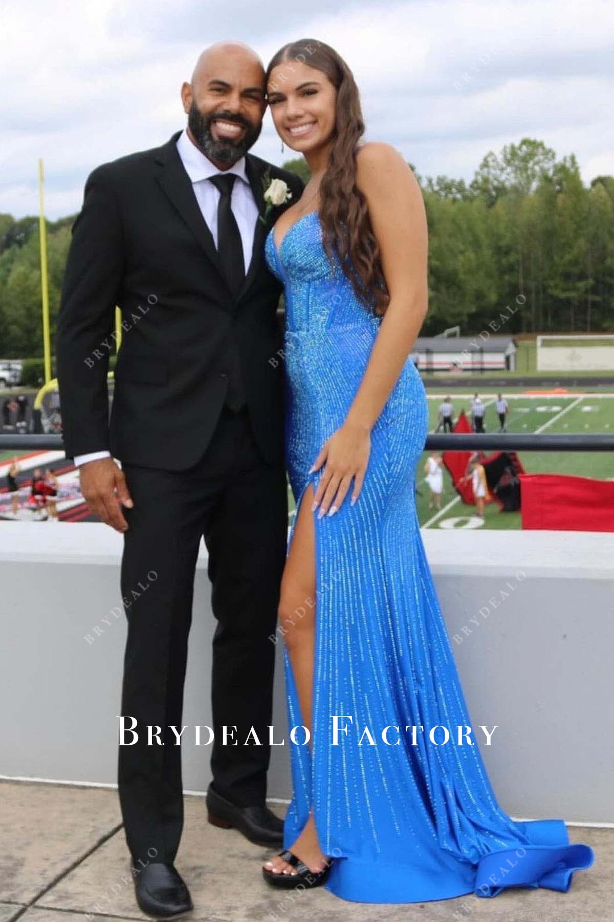 blue jay sequined slit homecoming dress