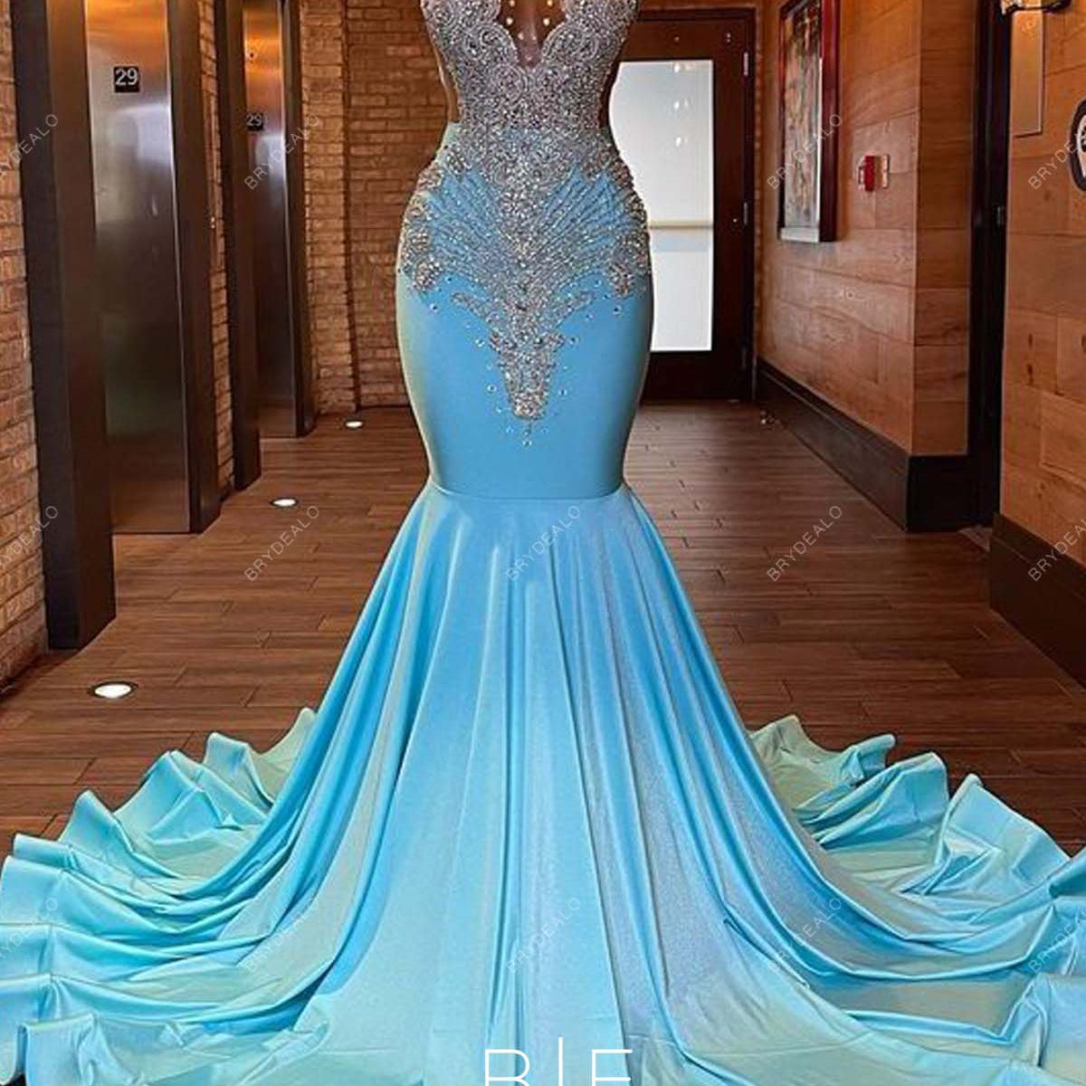 Rhinestones Pool Blue Spandex Knit Mermaid Long Train Prom Dress Rhinestones Pool Blue Spandex Knit Mermaid Long Train Prom Dress