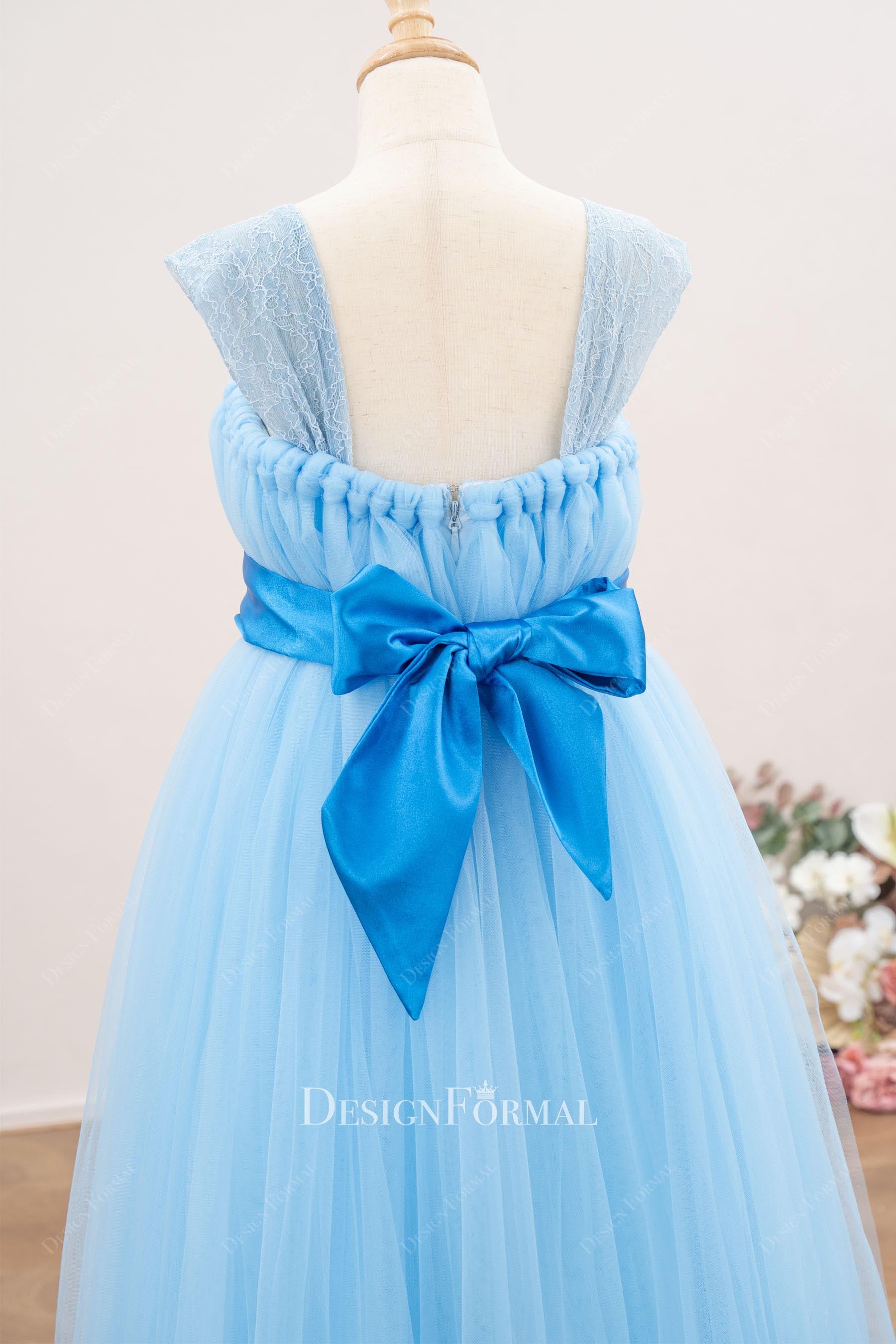 Blue Tulle Lace Strap 3D Floral A-Line Flower Girl Dress