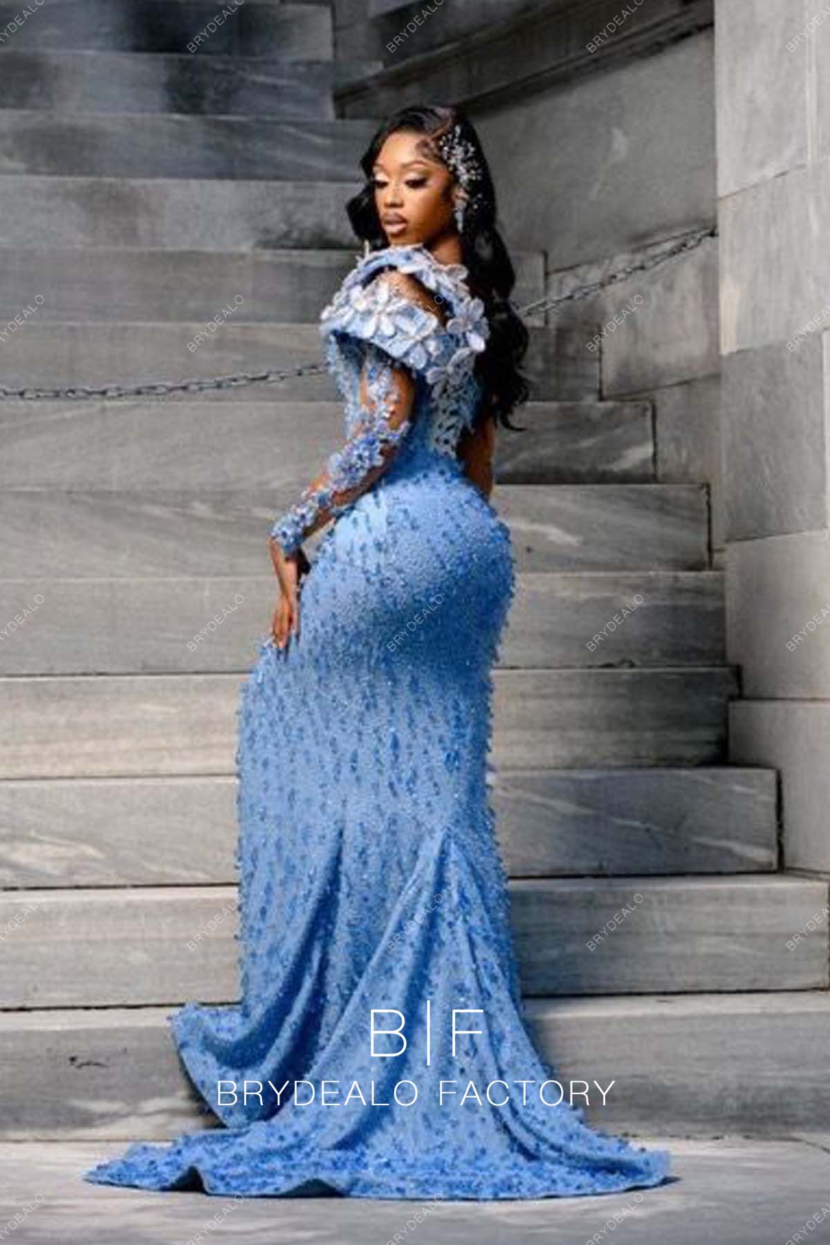 court train ocean blue allover sparkly prom gown