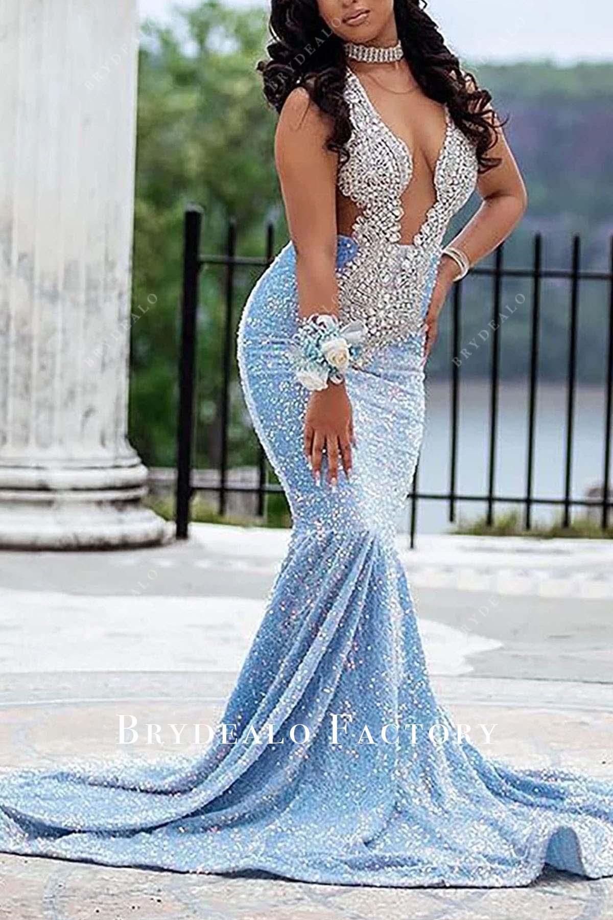 Rhinestones Choker Neck Mermaid Blue Prom Dress