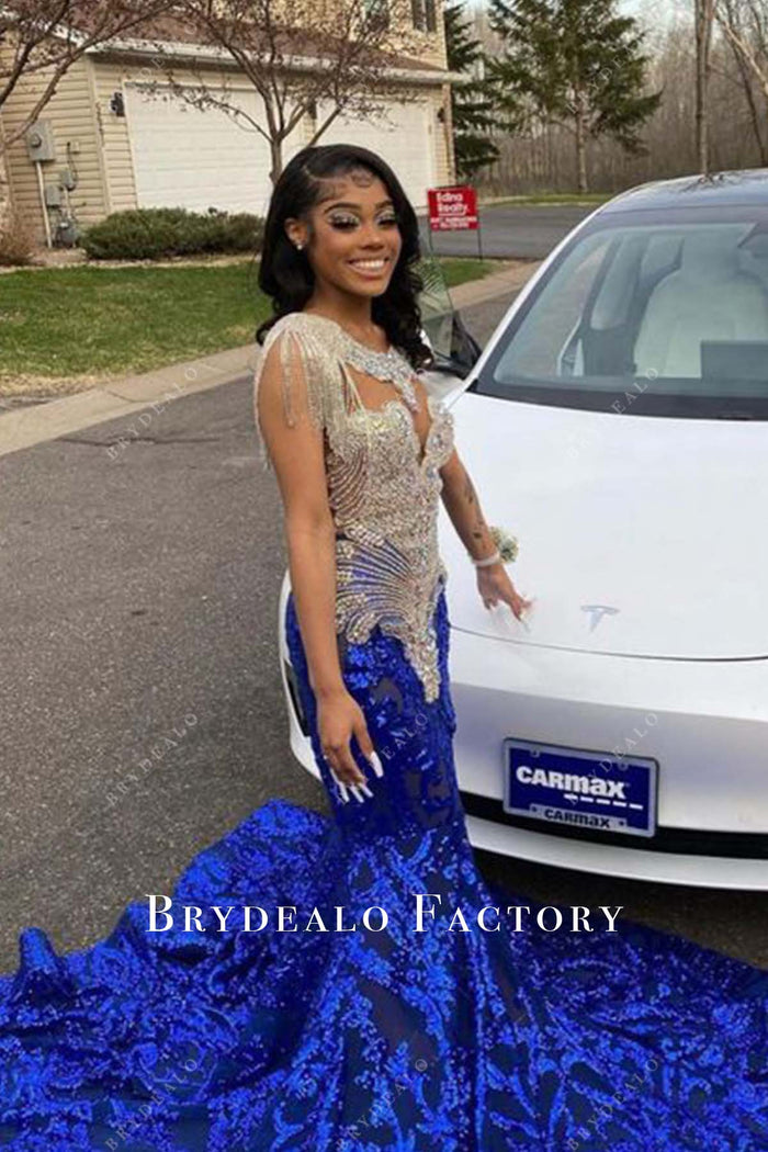 Sparkly Rhinestones Royal Blue Sequin Mermaid Long Train Prom Dress