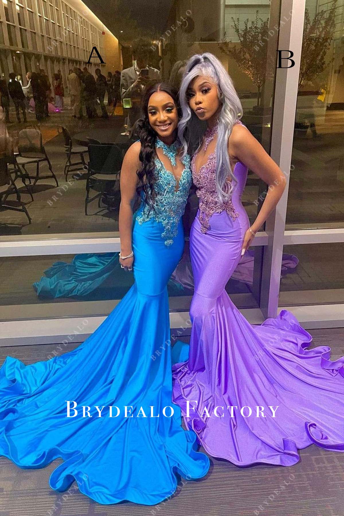 blue purple trumpet long train prom dresses