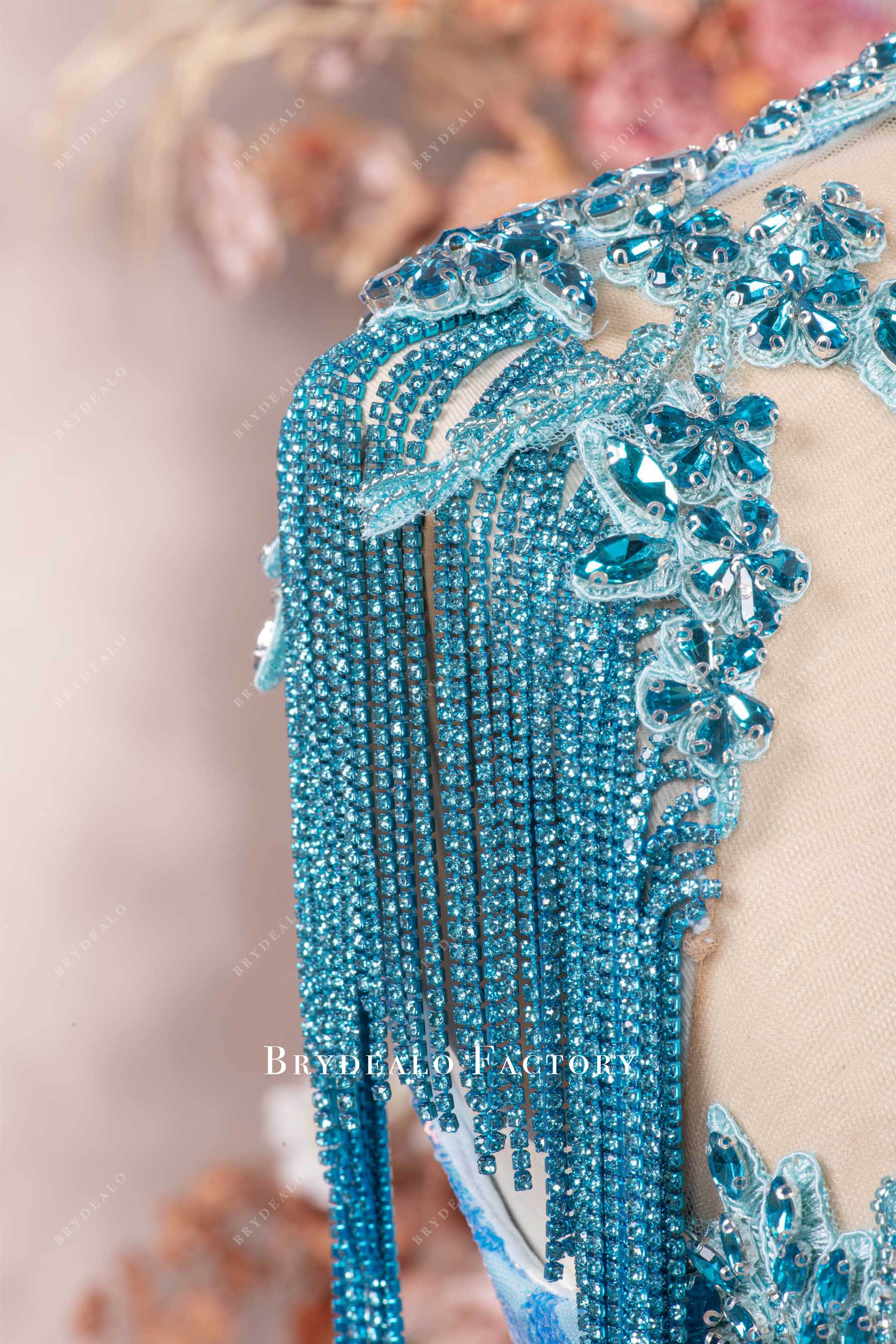 blue rhinestone tassel prom dress