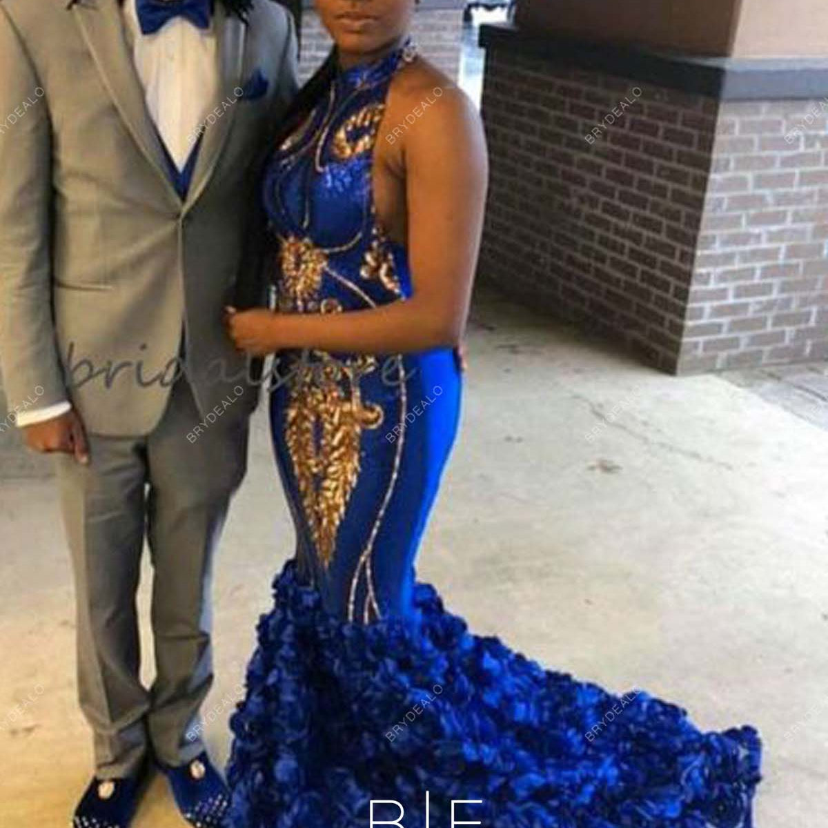 Royal Blue 3D Rose Flowers Trumpet Sleeveless Halter Prom Dress