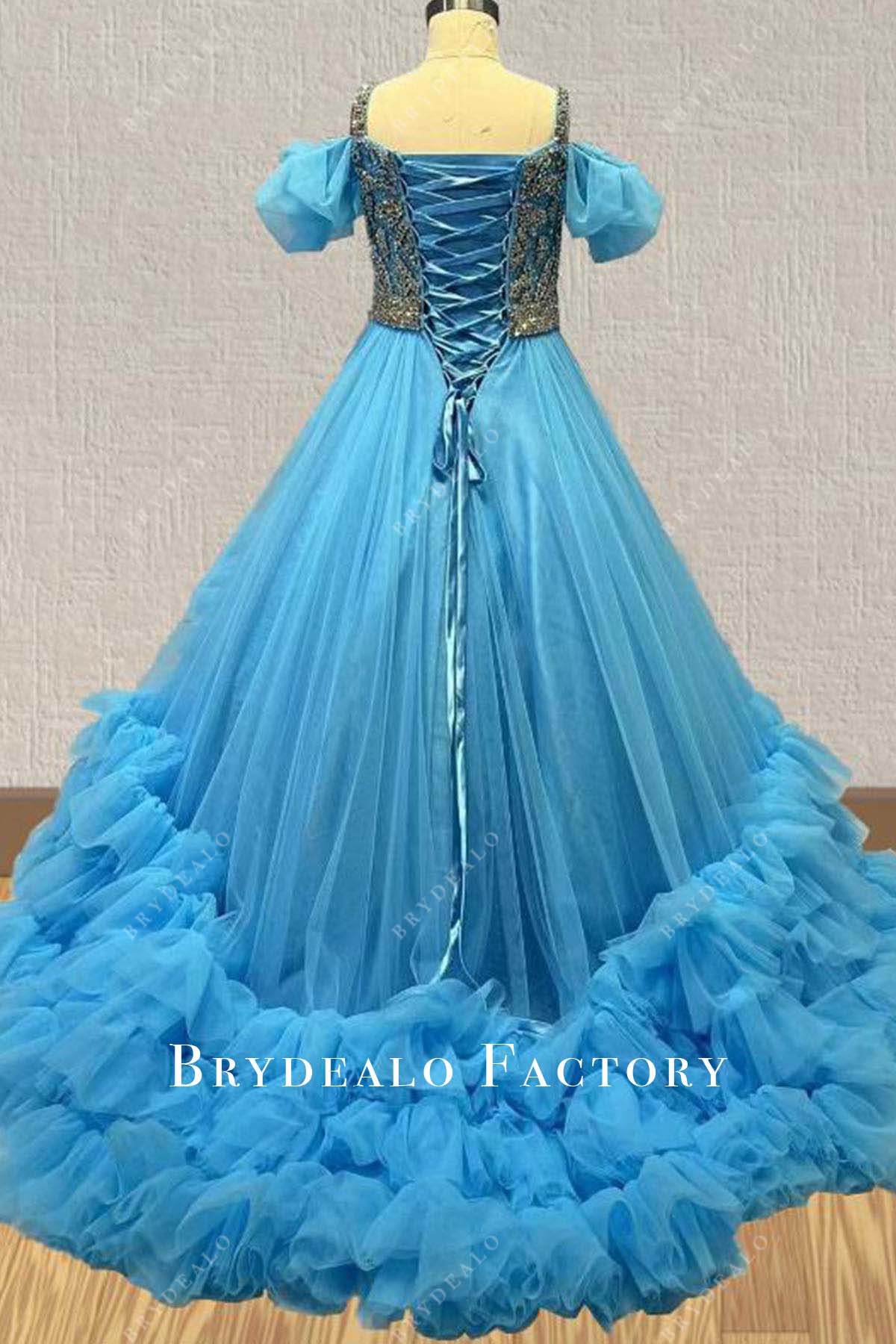 blue ruffled a line sweep train pageant dress