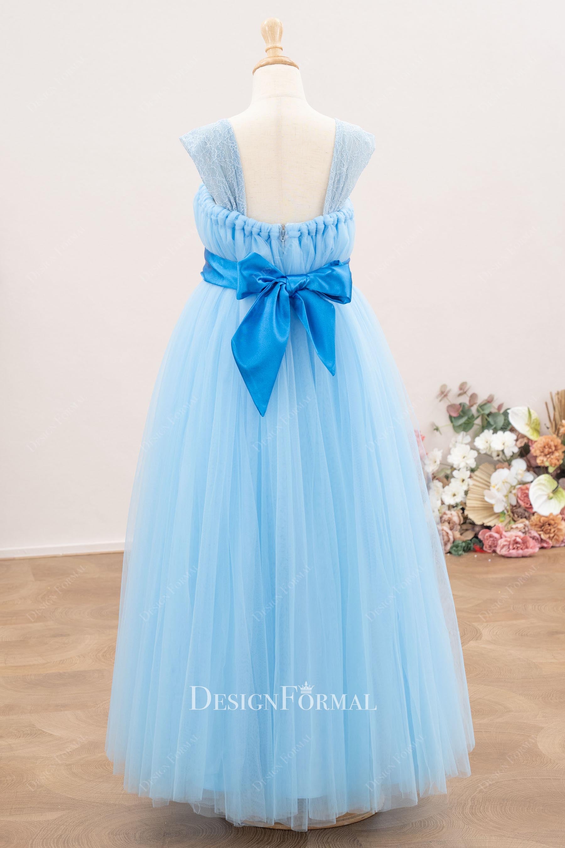 Blue Tulle Lace Strap 3D Floral A-Line Flower Girl Dress