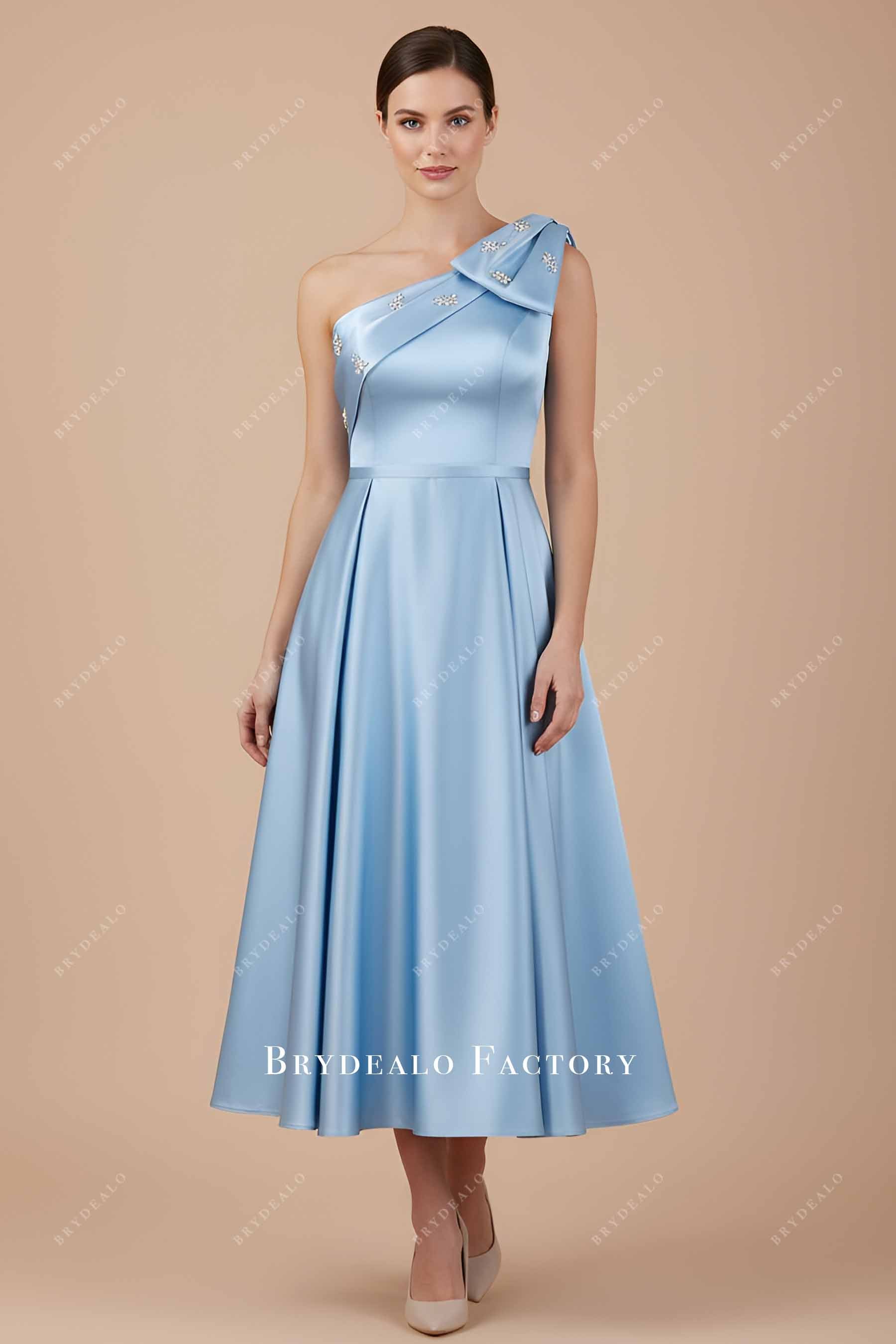 blue satin one shoulder formal dress
