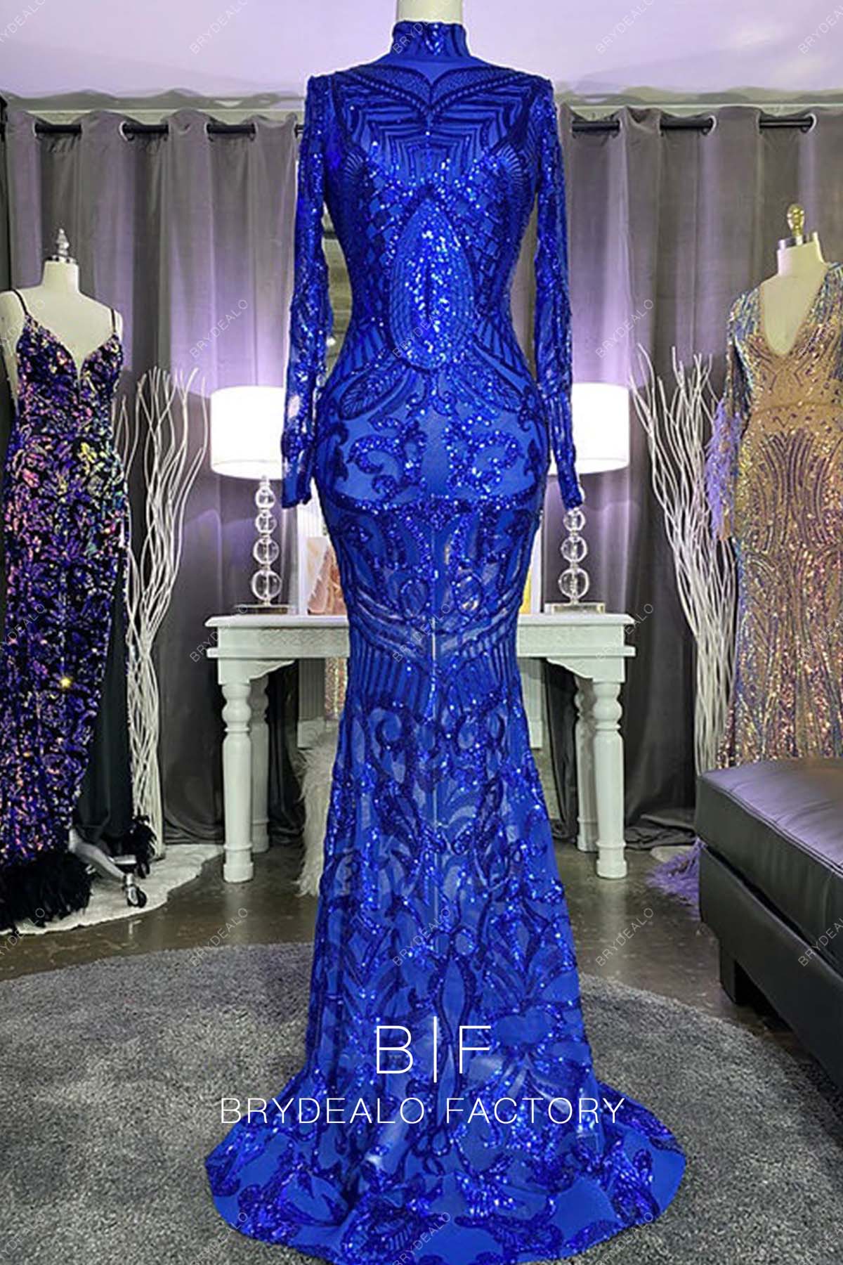 Royal Blue Sequin Turtle Neck Fit and Flare Long Prom Dress