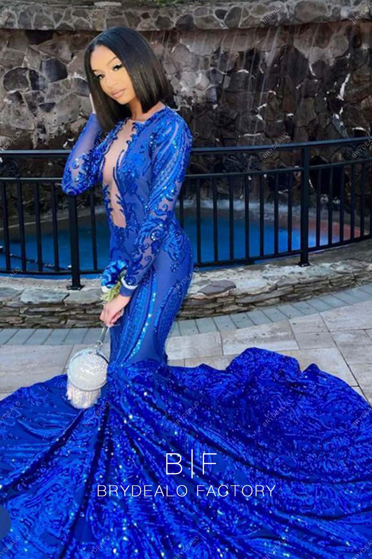 Royal Blue Long Sleeves Sequin Mermaid Prom Dress
