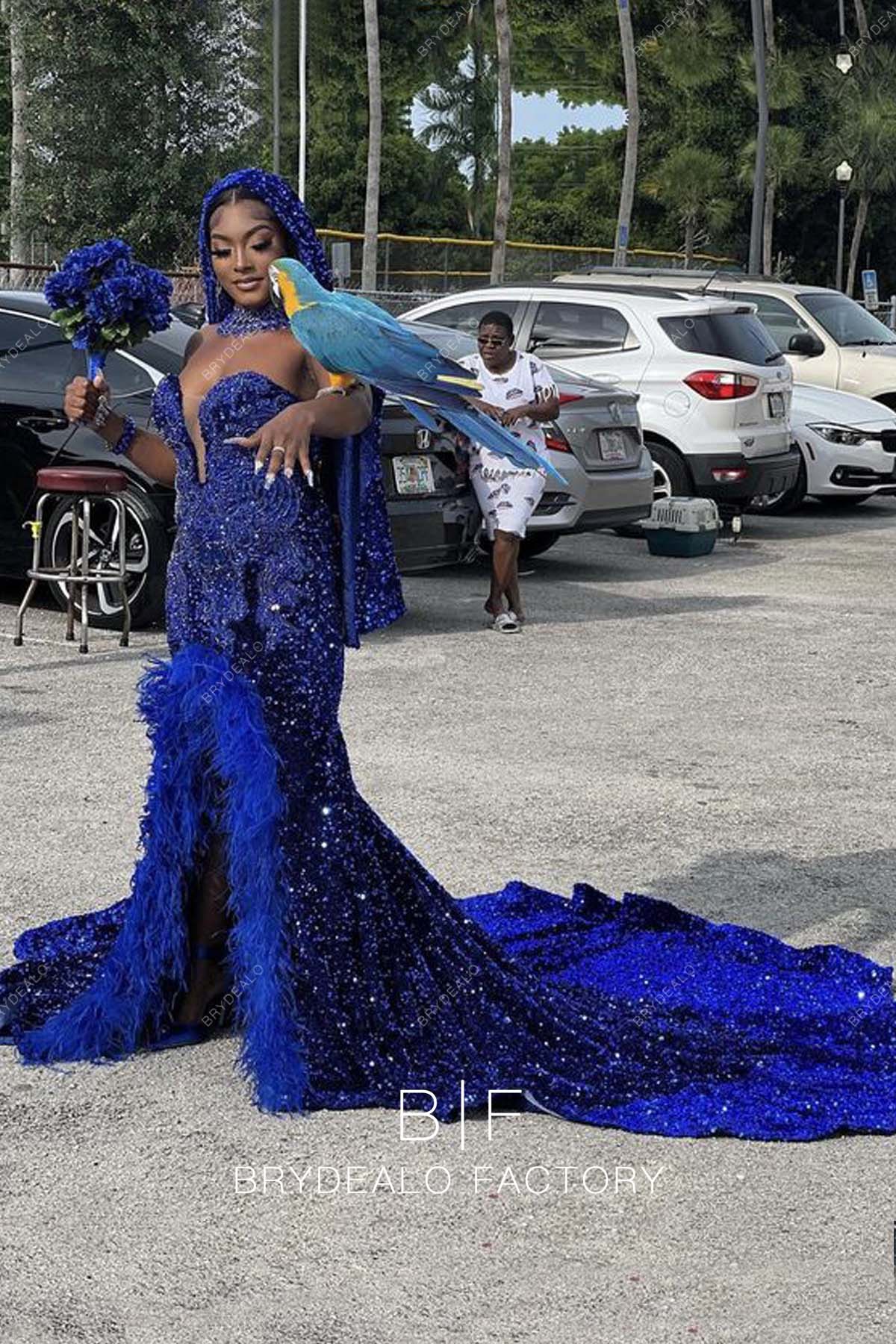 Strapless Royal Blue Sequin Feathers Slit Mermaid Prom Dress