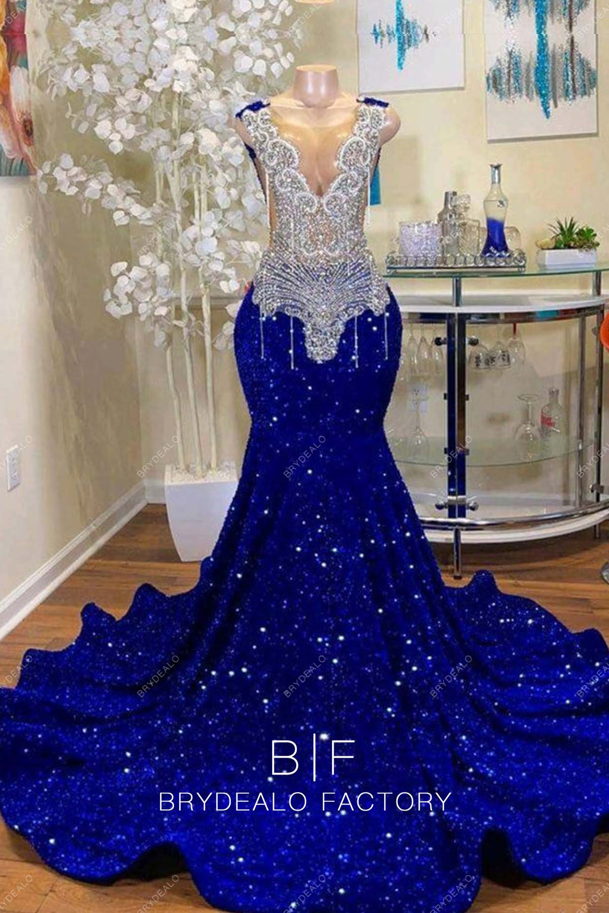 Royal Blue Sequin Rhinestones V-neck Mermaid Prom Dress