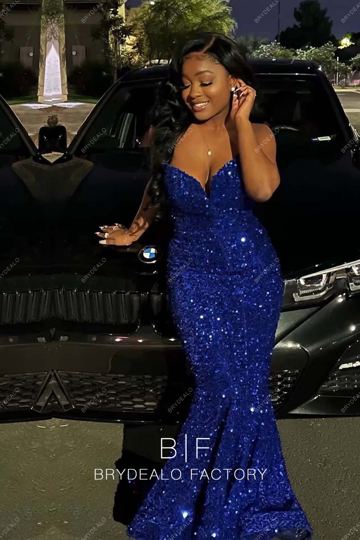 Royal Blue Stretchy Sequins Strapless Mermaid Prom Dress