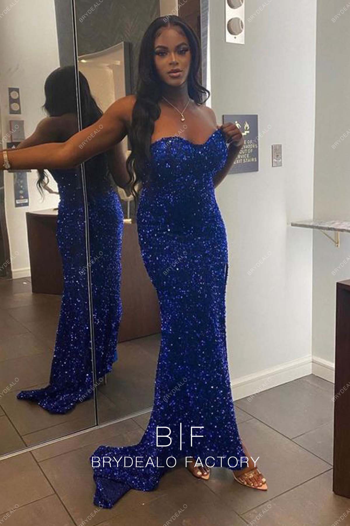 Best Royal Blue Sequins Strapless Slit Fit and Flare Prom Dress