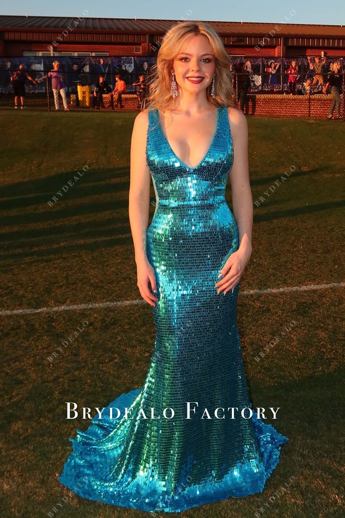 blue sequined mermaid sweep train prom dress