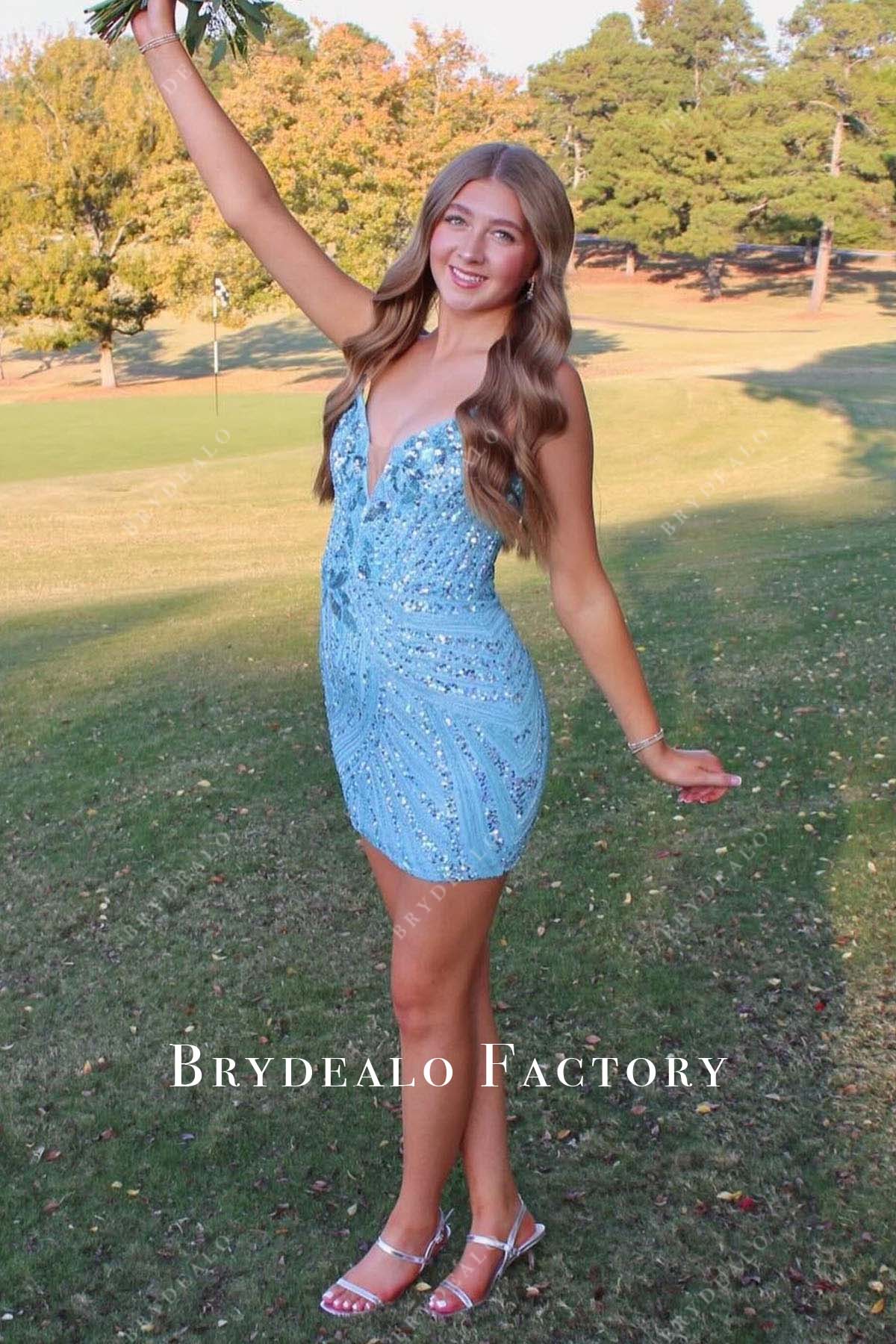 blue sequined sleeveless mini homecoming dress