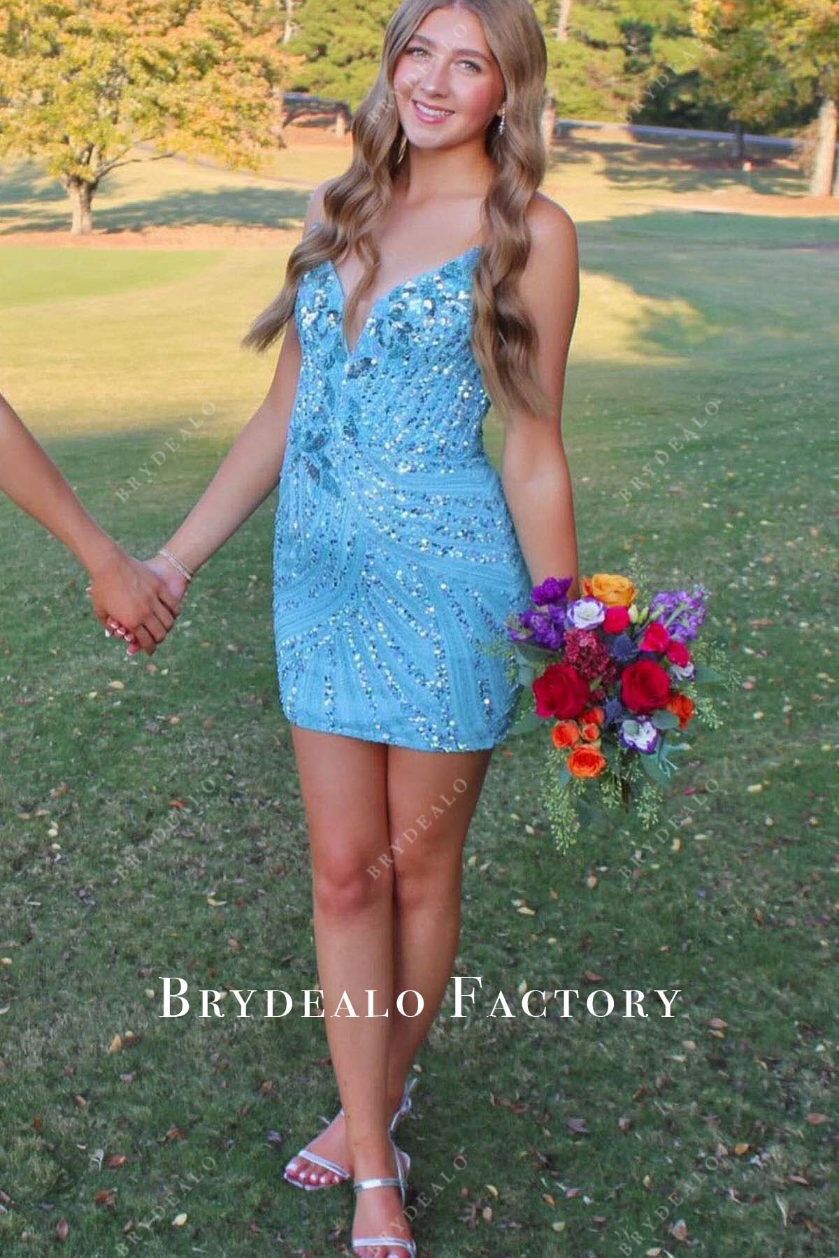 blue sequined strapless mini homecoming dress