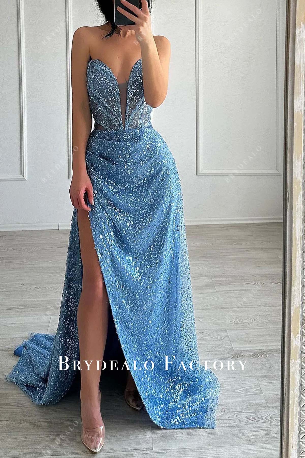 blue sequined strapless prom dress