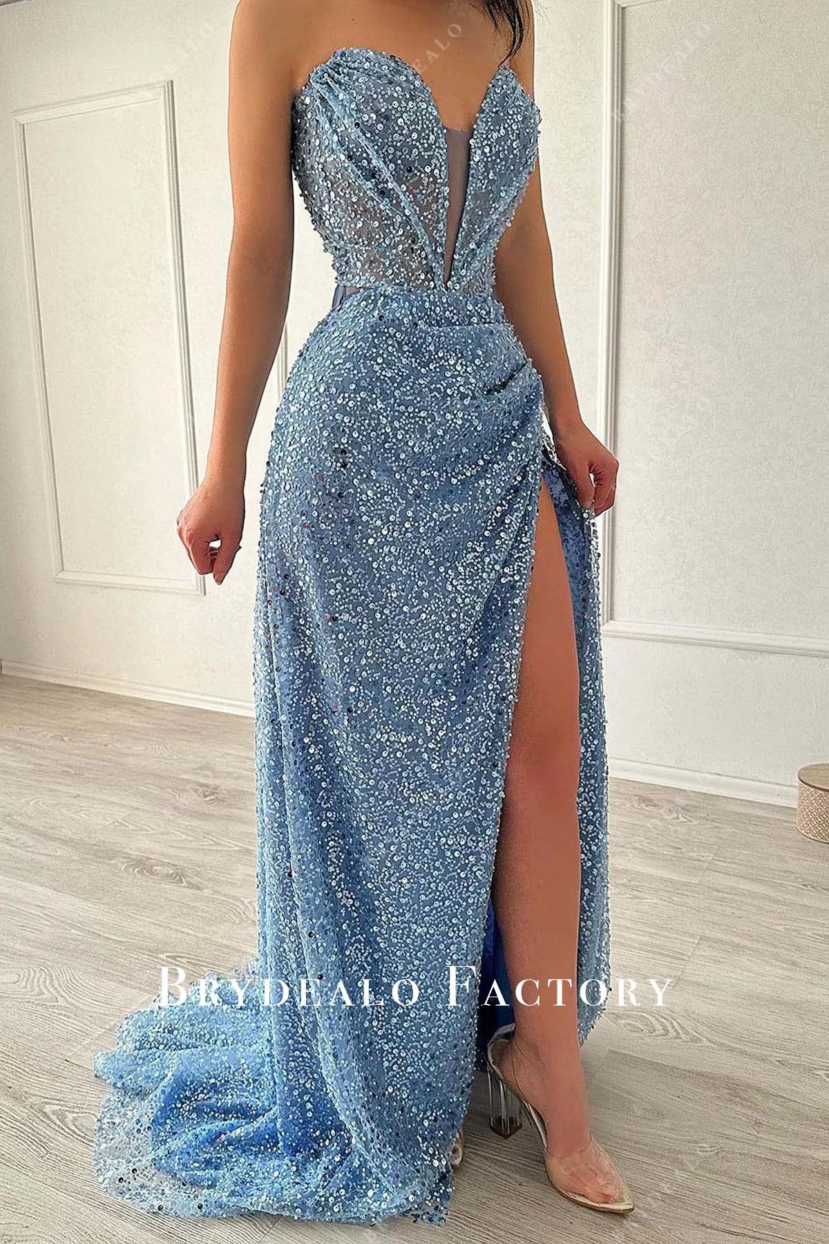 blue sequined sweep train prom dress