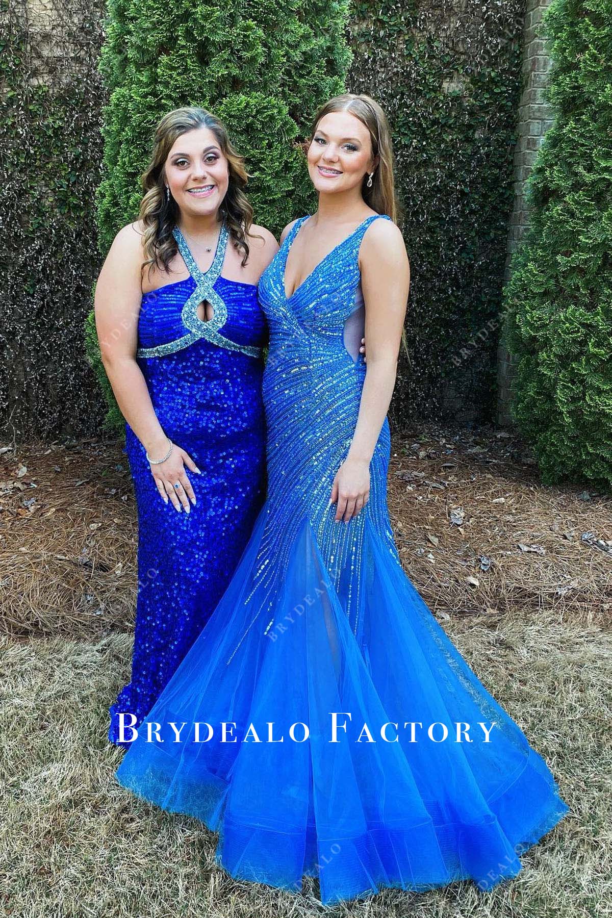 blue sequined v neck trumpet homecoming dress