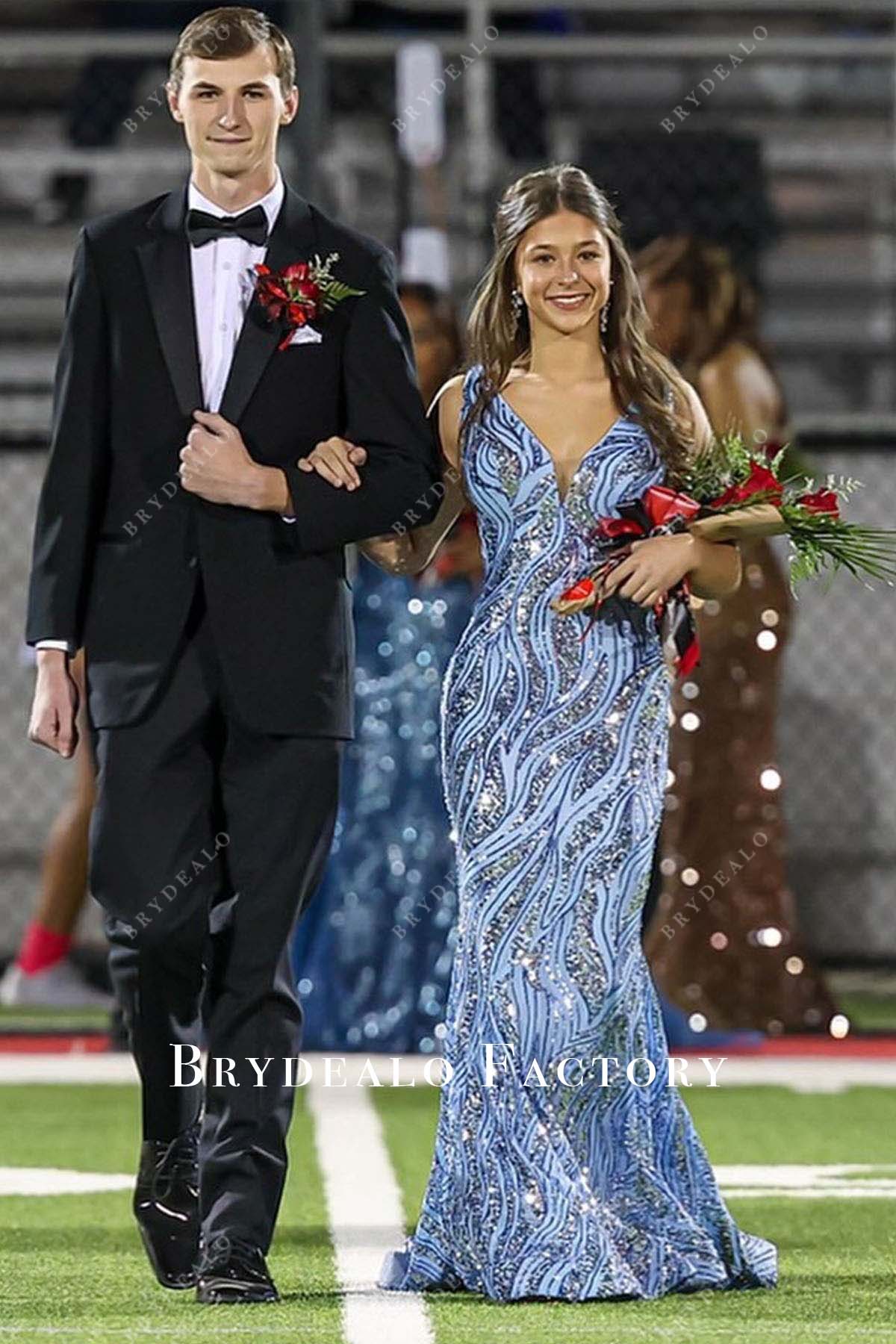 blue silver sequined sleeveless homecoming dress