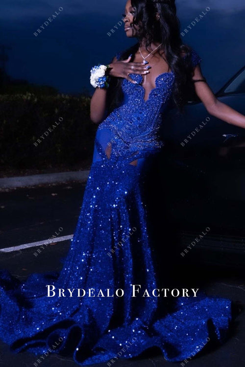 Royal Blue Rhinestone Sequin Horsehair Chapel Train Prom Dress