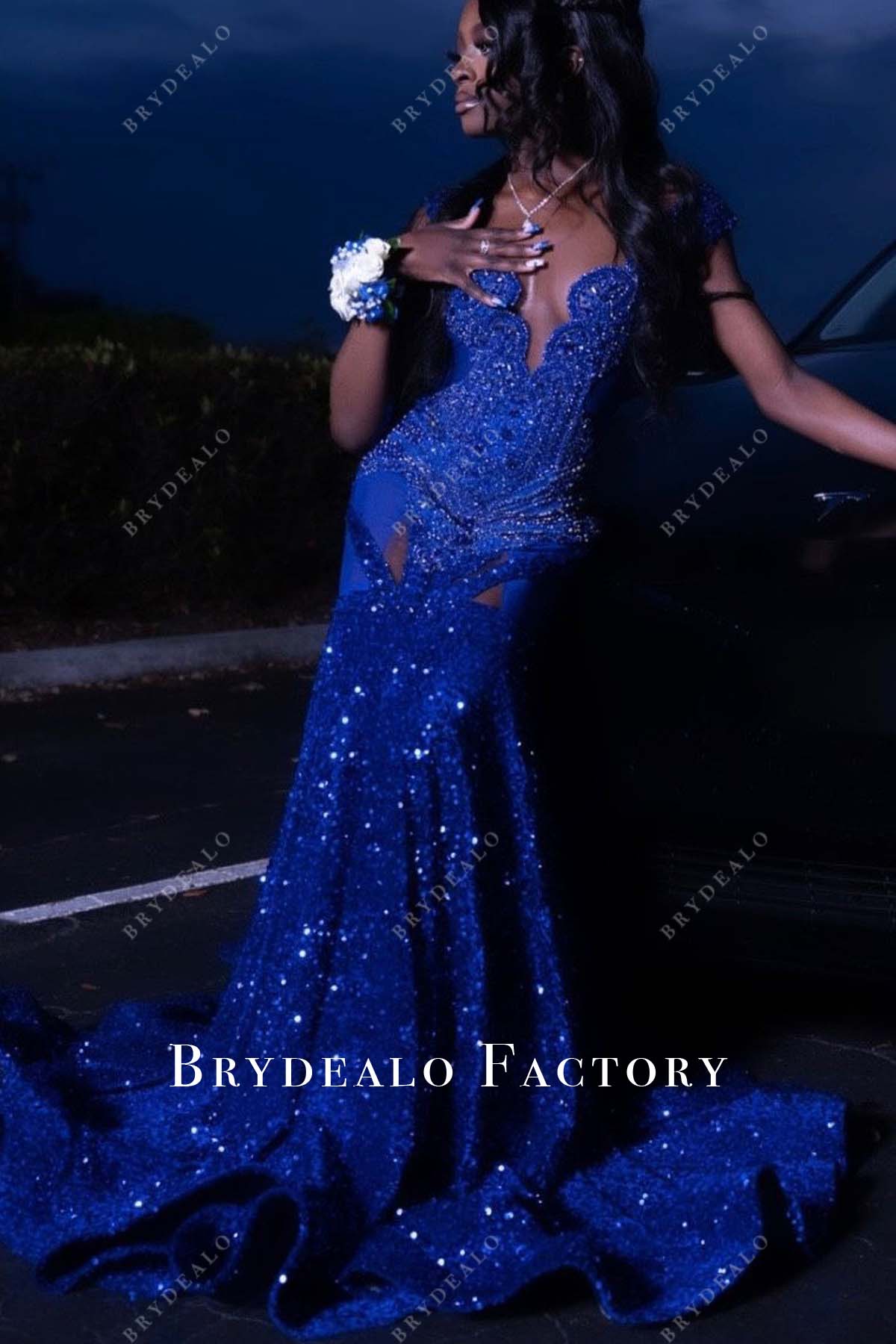 Royal Blue Rhinestone Sequin Prom Dress