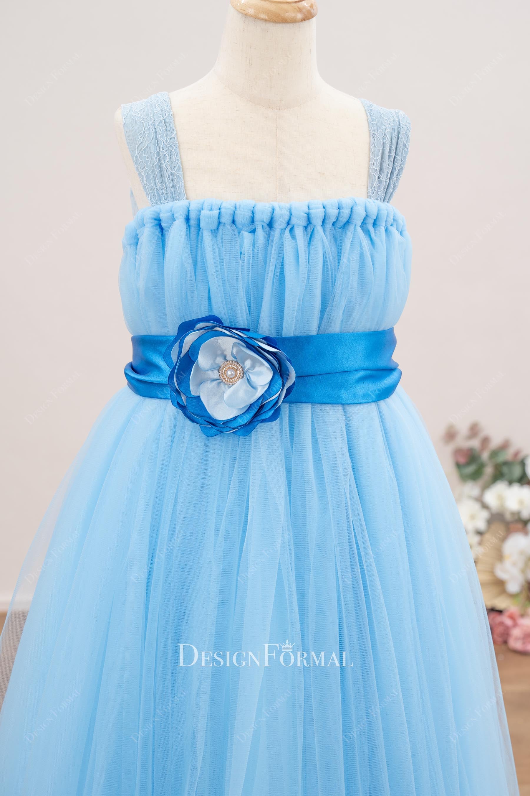 Blue Tulle Lace Strap 3D Floral A-Line Flower Girl Dress