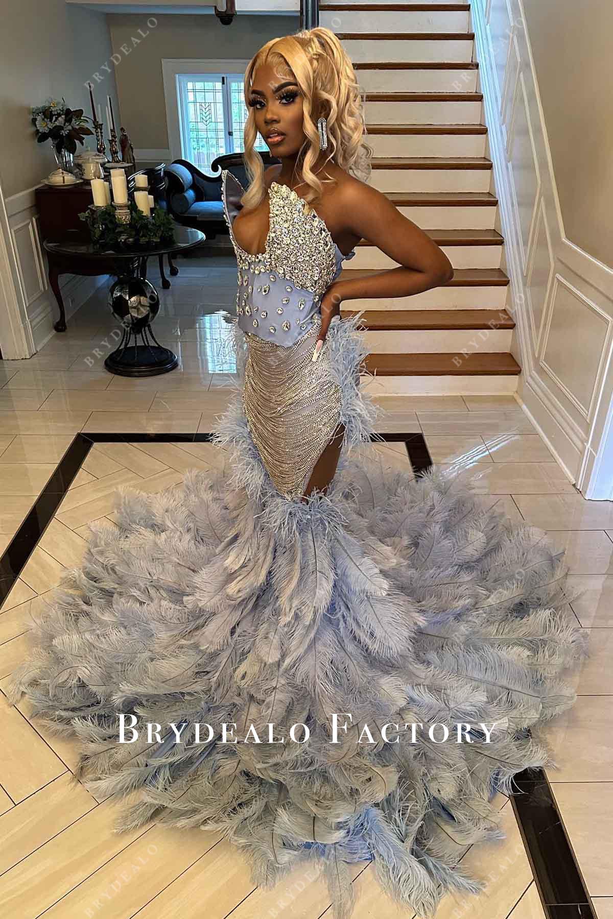 blue strapless open back trumpet prom dress