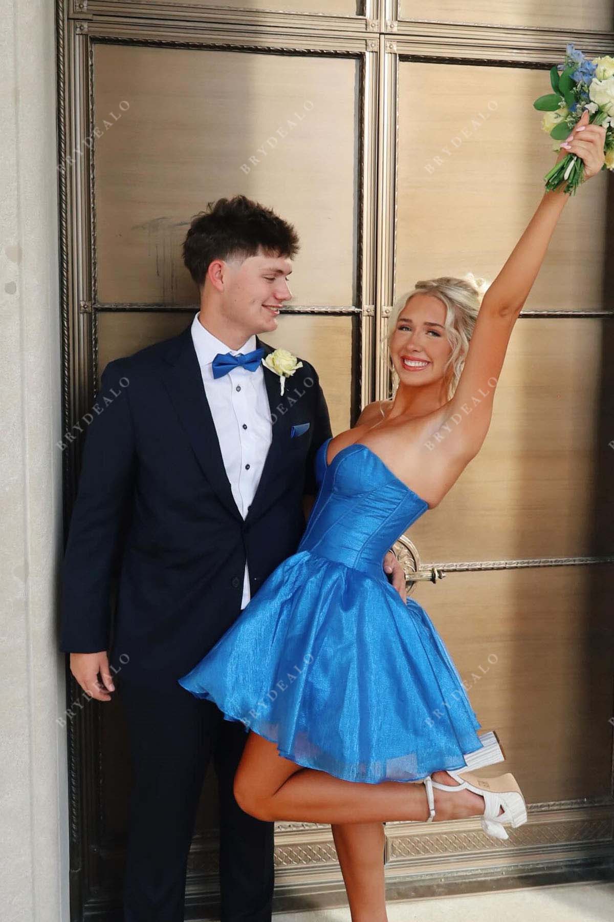 blue strapless puffy a line mini homecoming dress